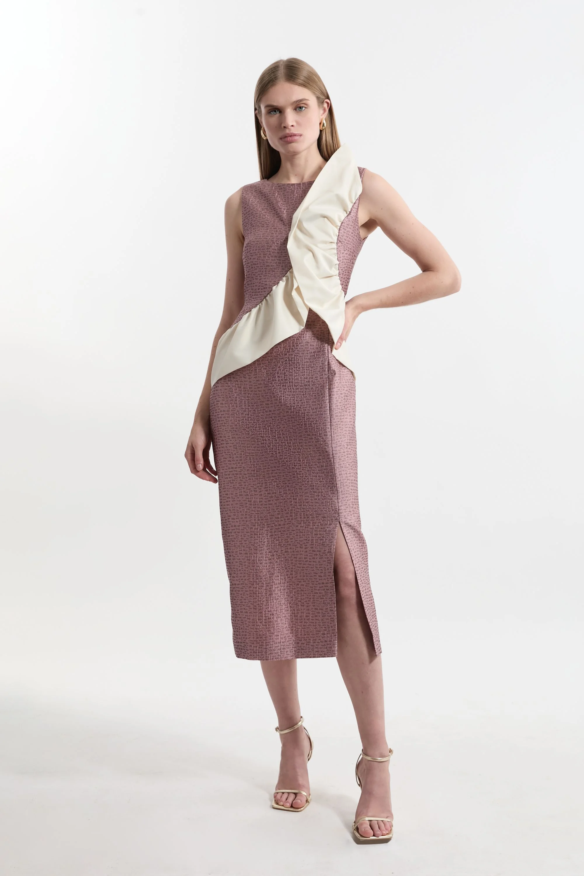 Textured Tailored Contrast Taffeta Ruffle Midi Dress - 1