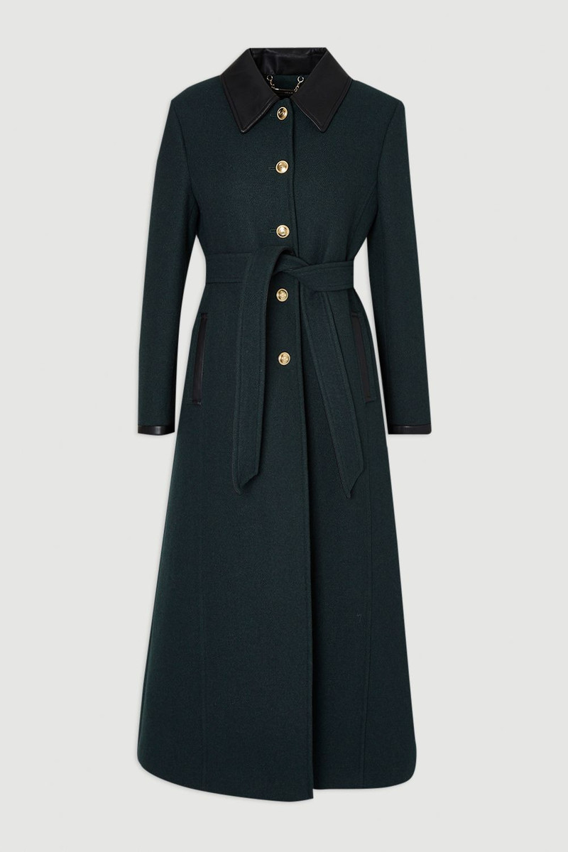 Wool Pu Mix Belted Tailored Maxi Coat - 1