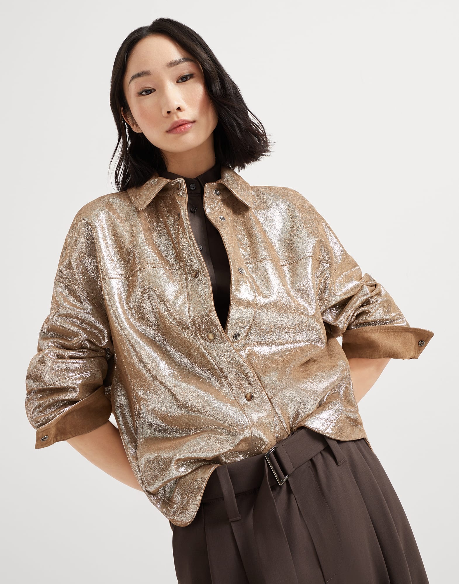 Lamé nappa leather shirt with monili - 4