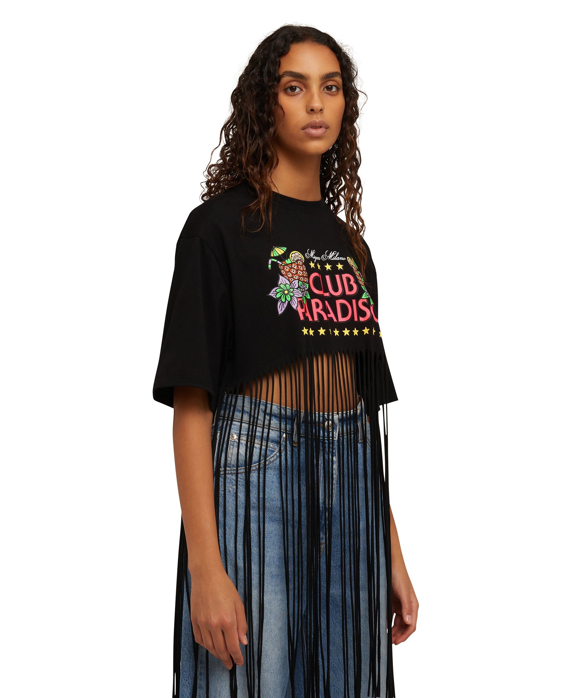 Cotton crewneck crop-top fringed t-shirt with "club paradiso" graphic - 4