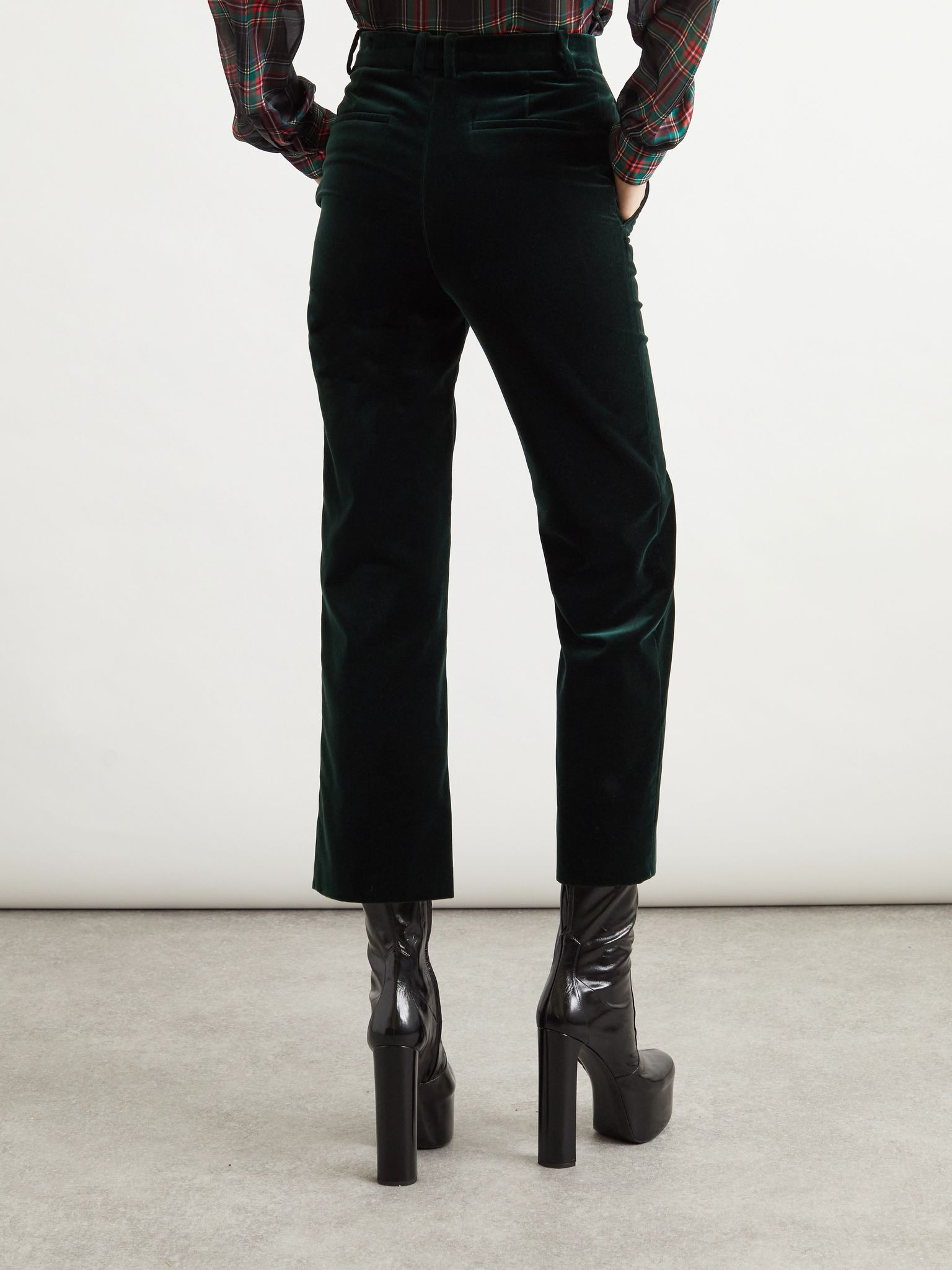 Cropped cotton-velvet slim-leg pants Green - 4