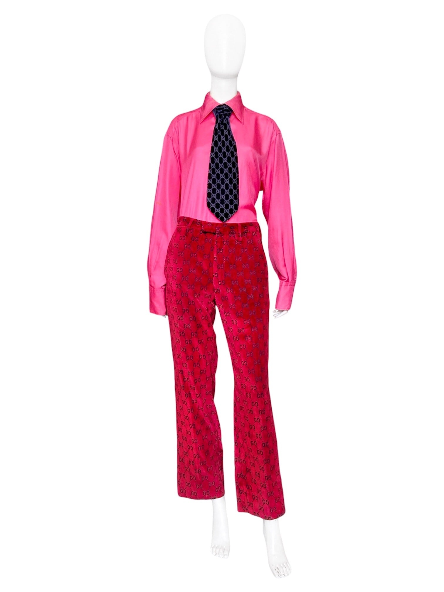 Gucci Fall 1997 Tom Ford Men’s Red Monogram Velvet Trousers Pants 48 - 3