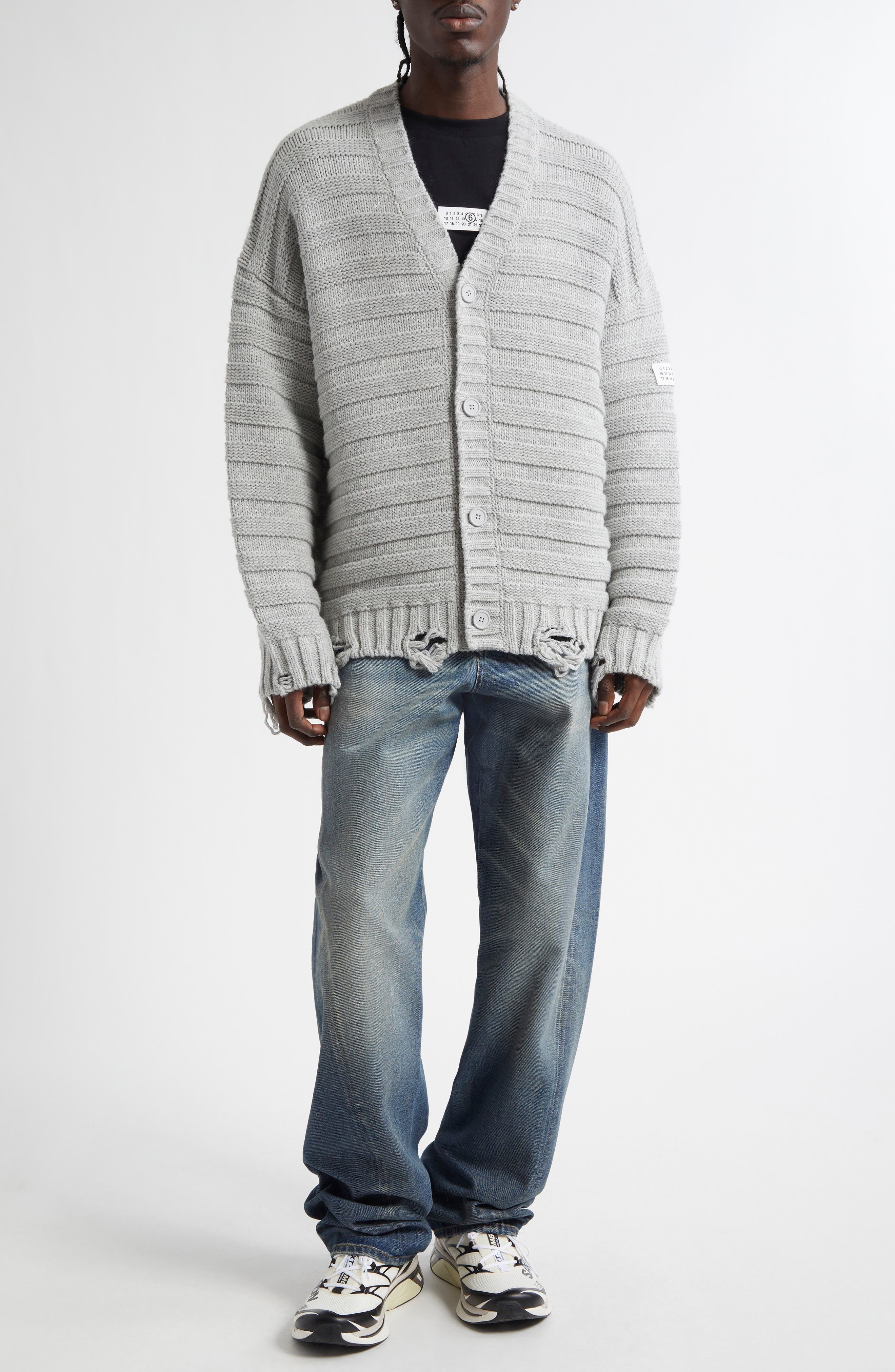 MM6 Maison Margiela Distressed Virgin Wool Blend V-Neck Cardigan in Light Grey Melange at Nordstrom - 2