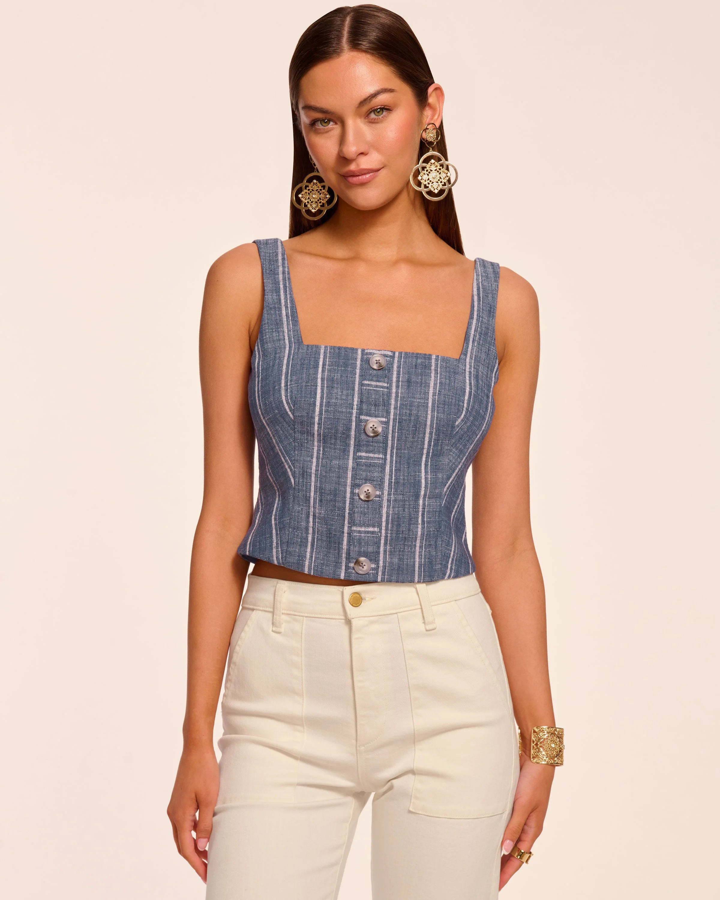 Olive Button Front Sleeveless Top - 1