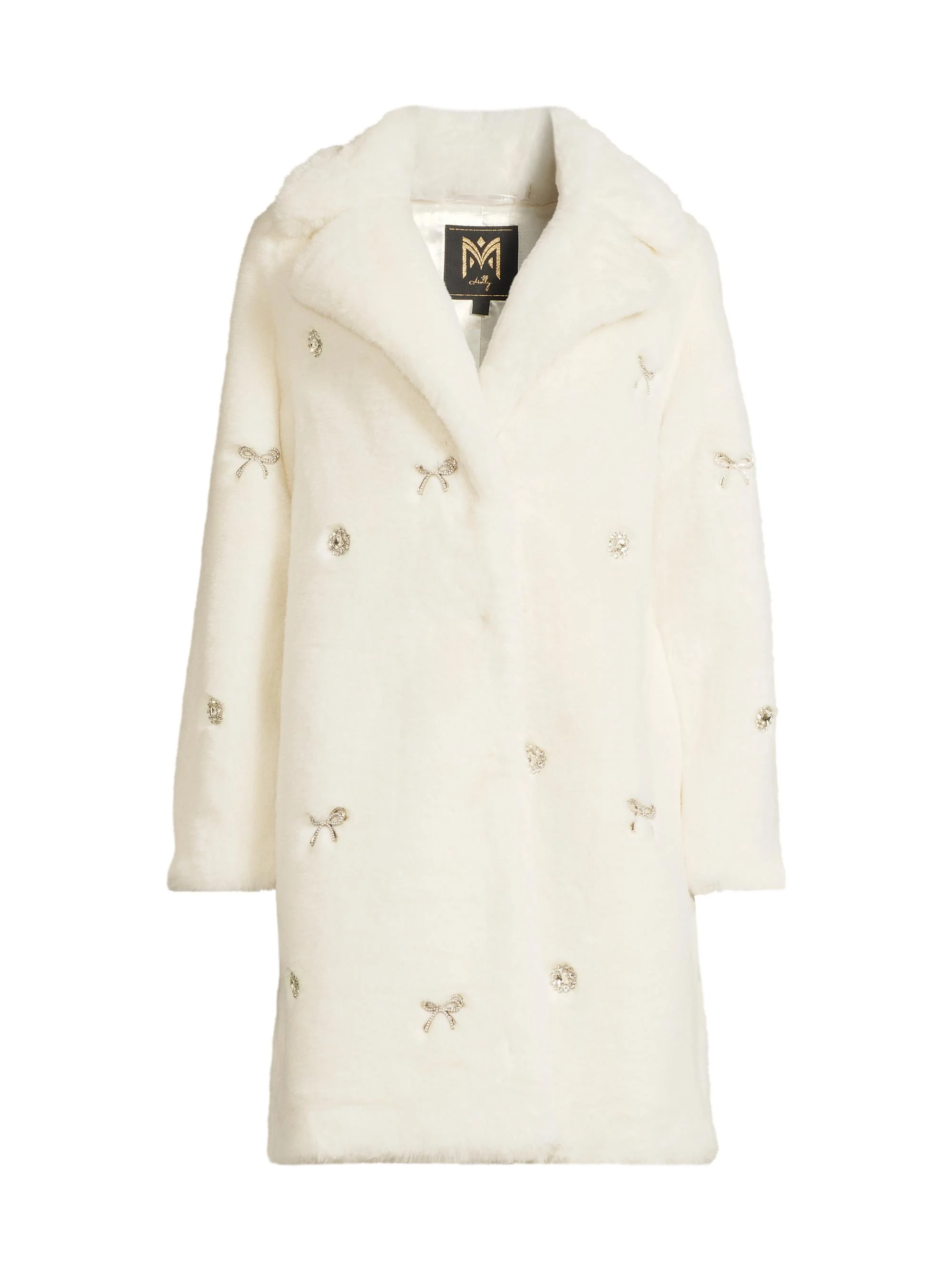 Women's Jewel-Trimmed Faux Fur Coat - Ivory - 1