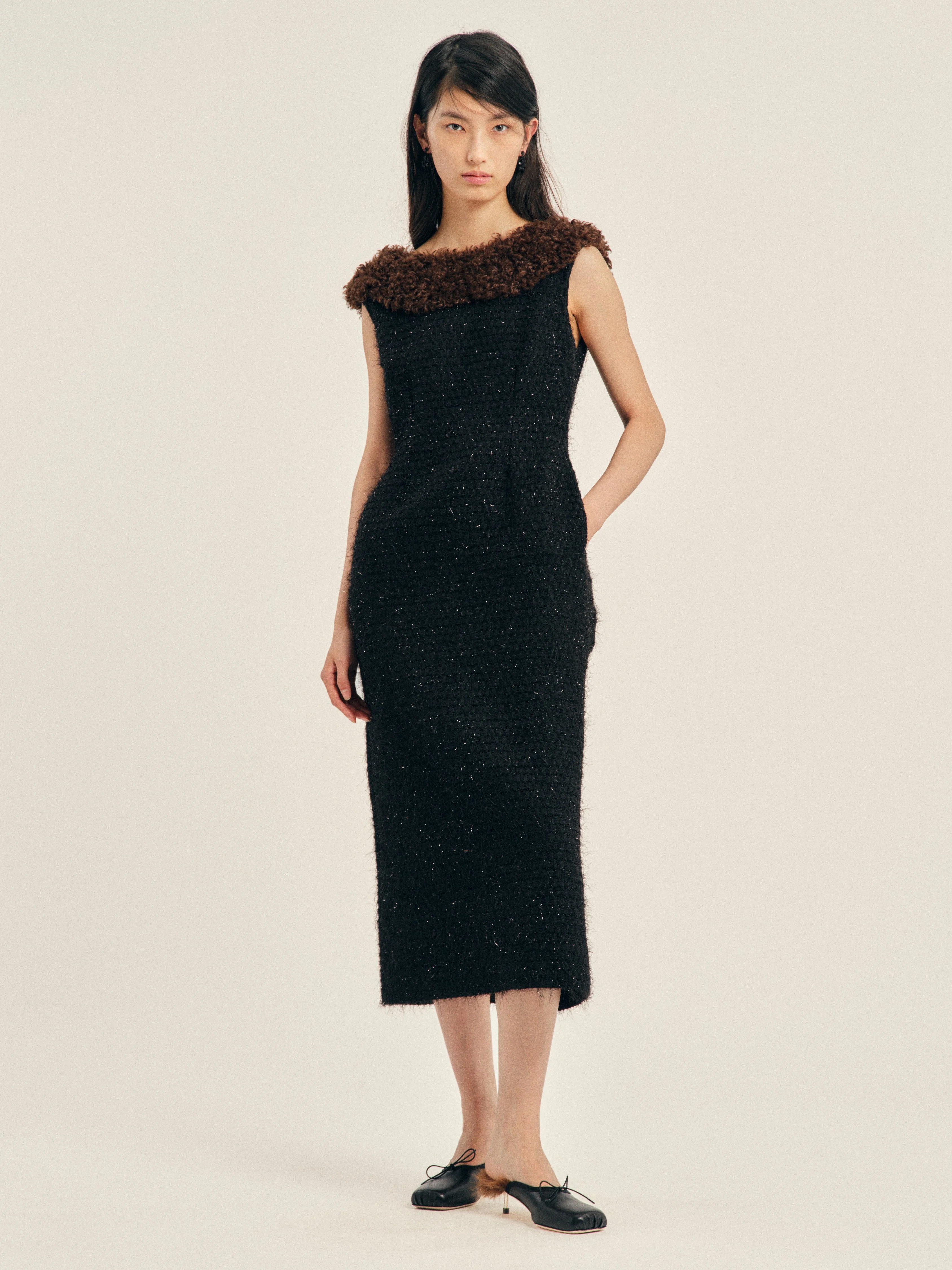 Faux Fur Detail Portrait Bustle Dress - 1