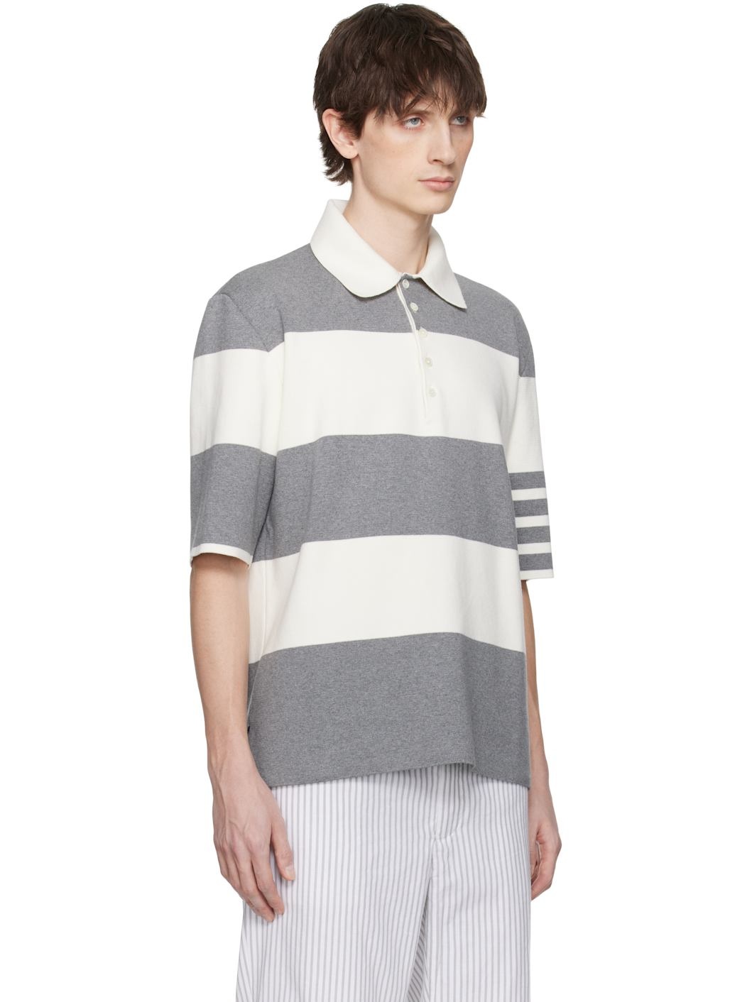 Gray & Off-White Rugby Stripe Milano Stitch SS Polo - 2