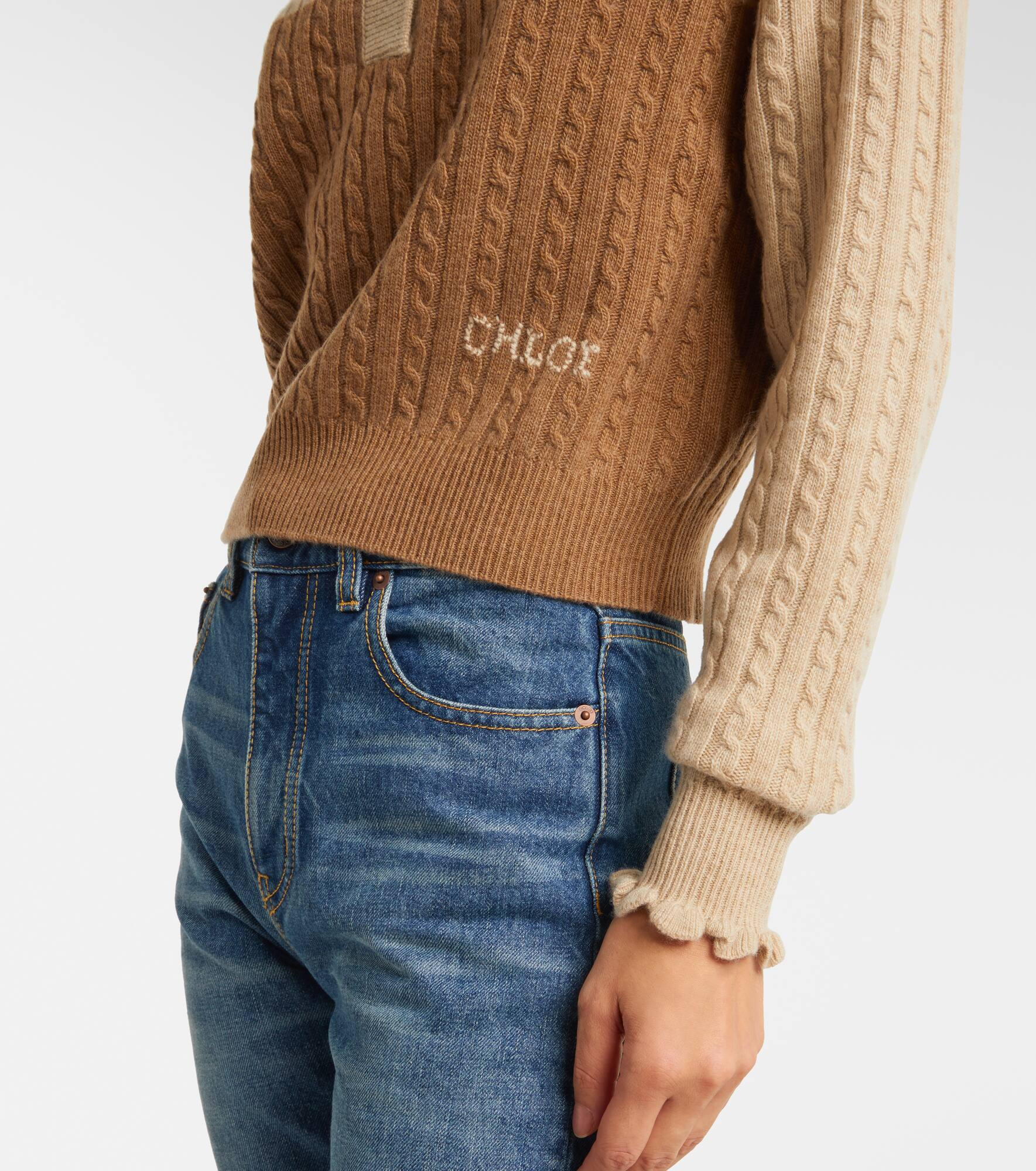 Cable-knit ruffled wool and cashmere polo sweater - 5