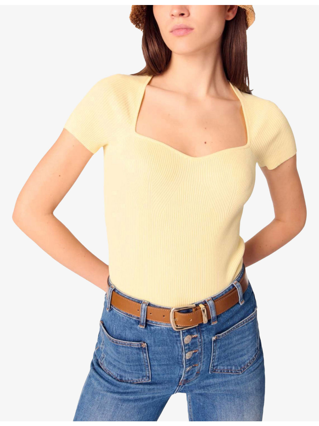 Sweetheart-neck short-sleeve stretch-knit jumper - 5