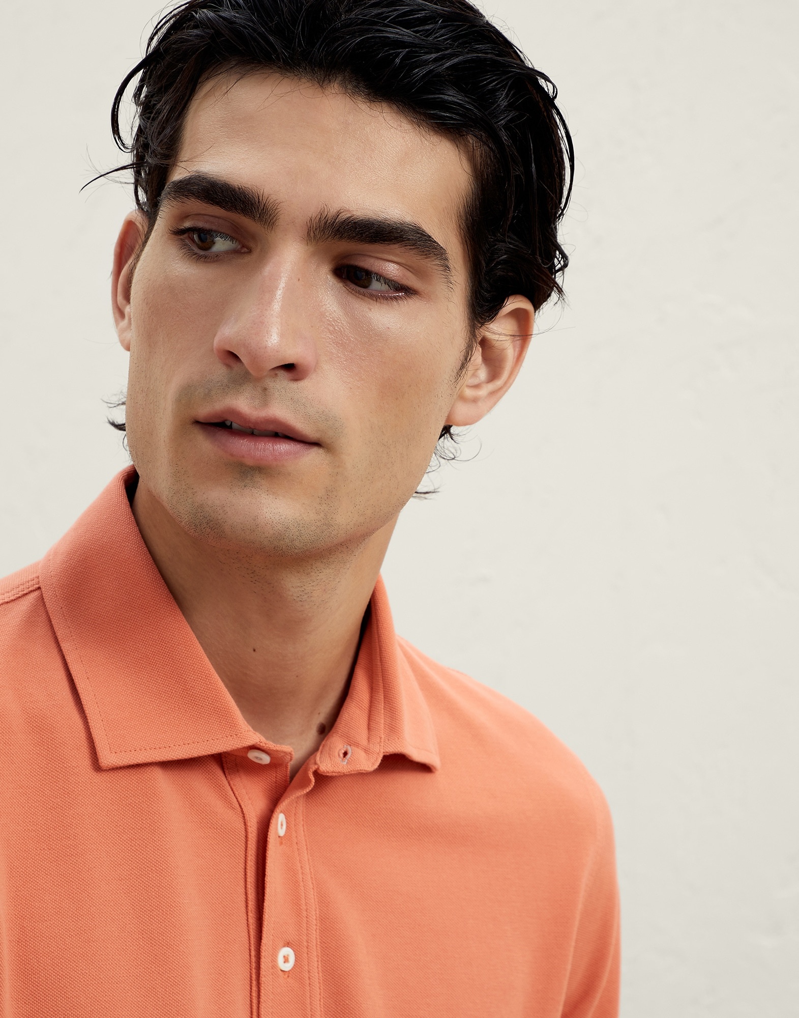 Cotton piqué slim fit polo with shirt-style collar and faux-layering - 3