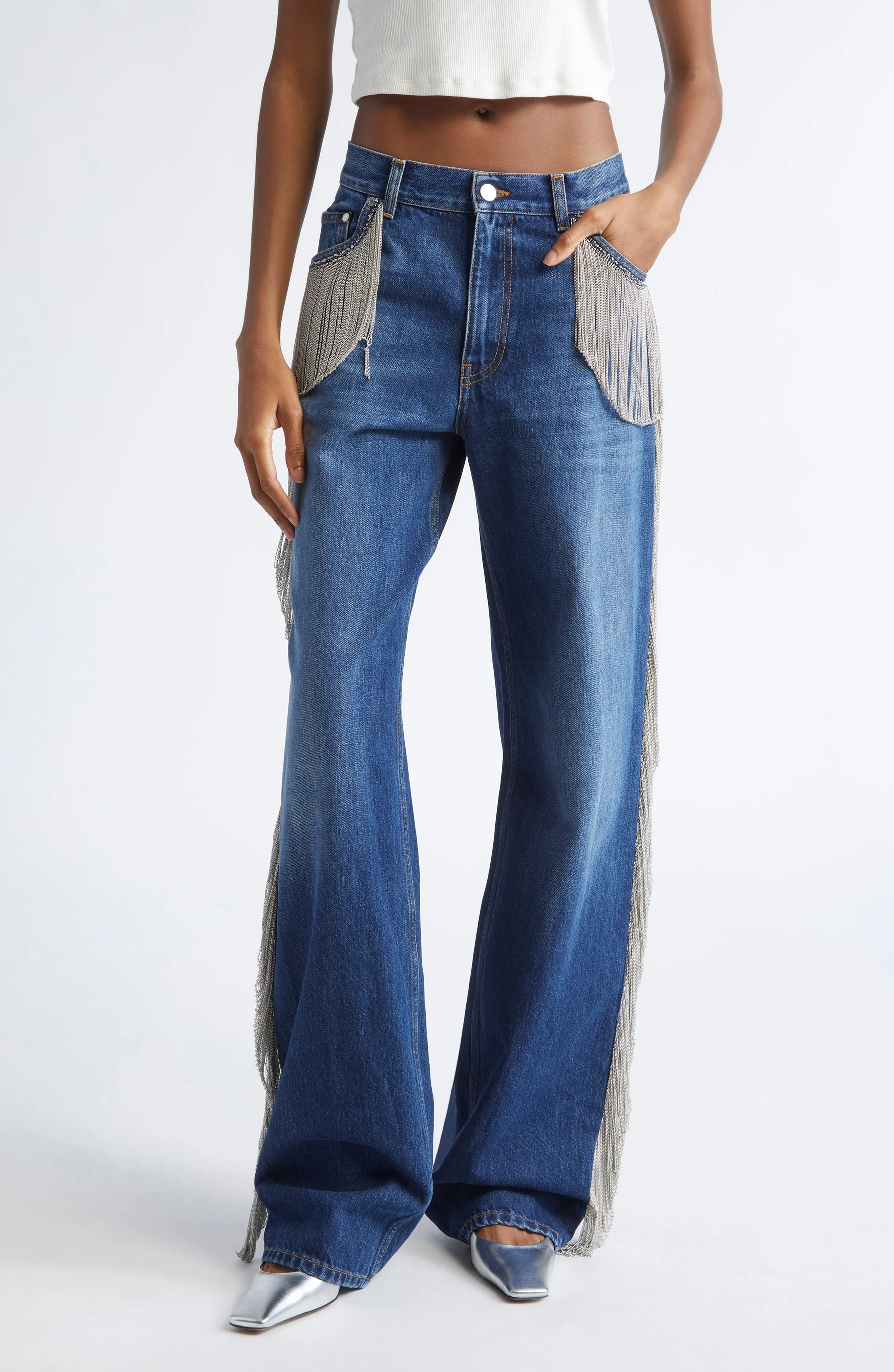 Stella McCartney Chain Tassel Straight Leg Jeans in Dark Blue at Nordstrom - 1