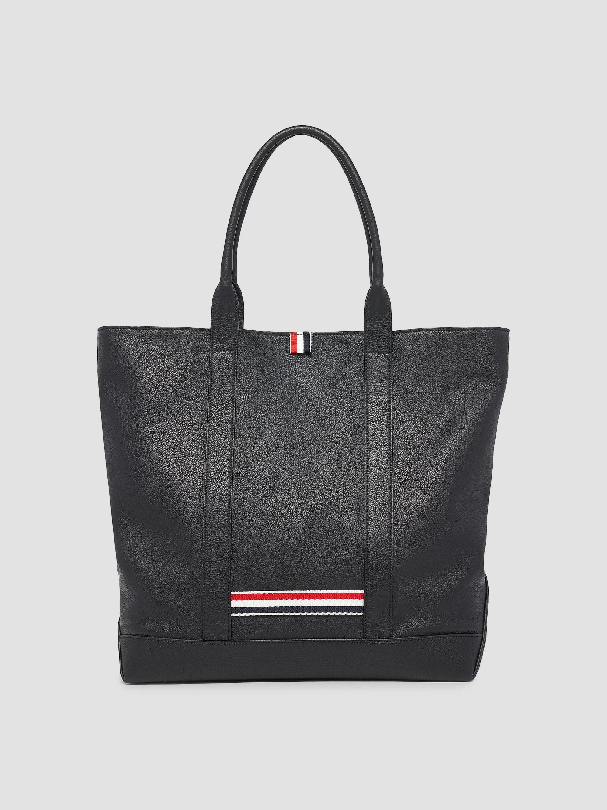 Men's Striped-Detail Pebbled Leather Tote Bag - Black - 1