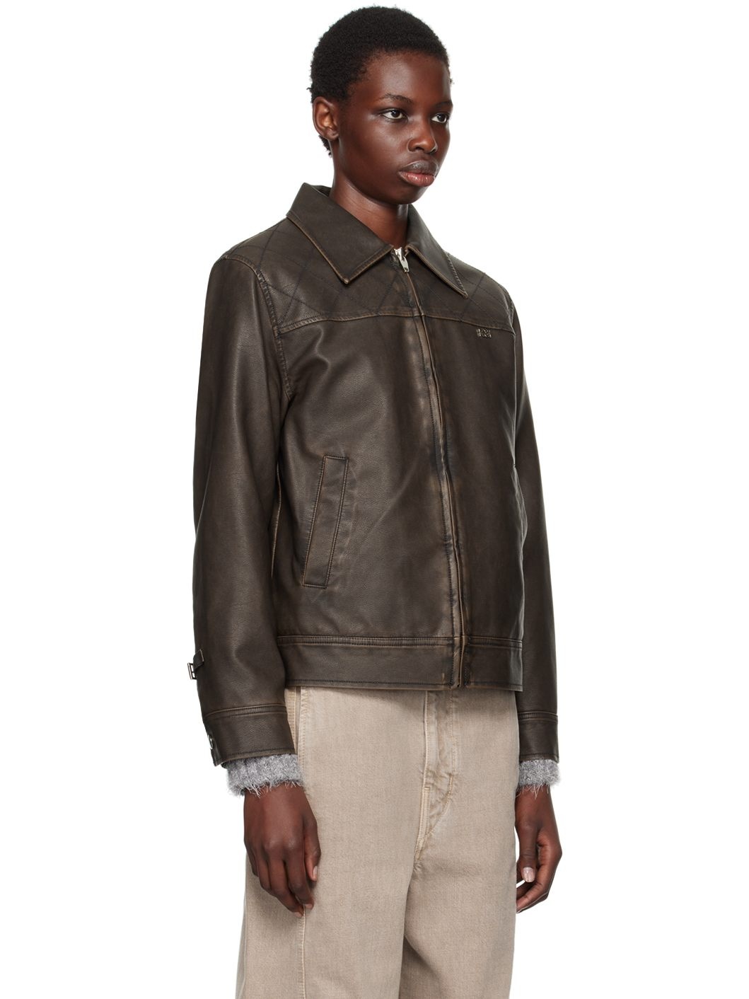 Brown Stitched Faux-Leather Jacket - 2