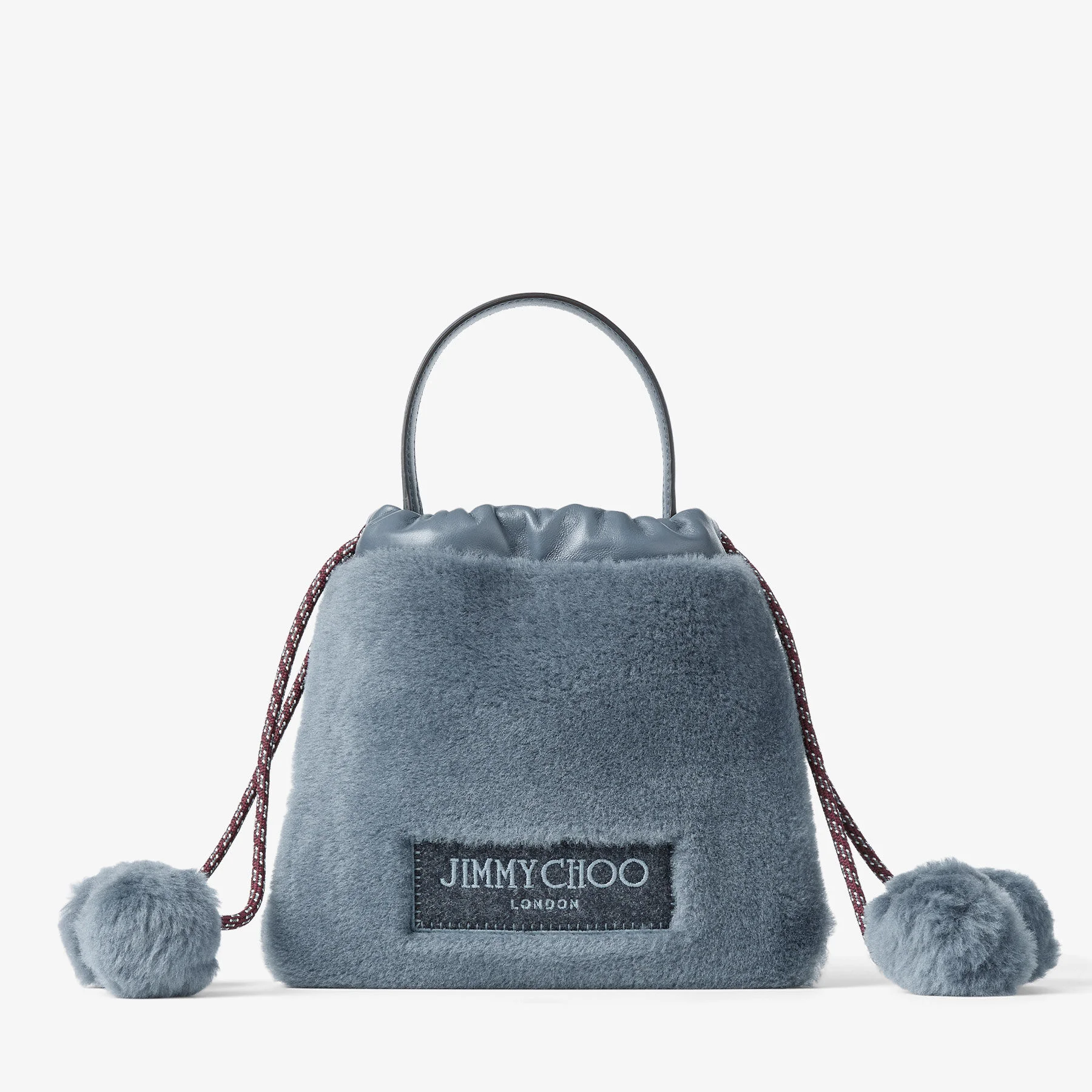 Drawstring Pouch Top Handle Arctic Blue Shearling and Nappa Leather Drawstring Pouch with Pom-Poms - 1