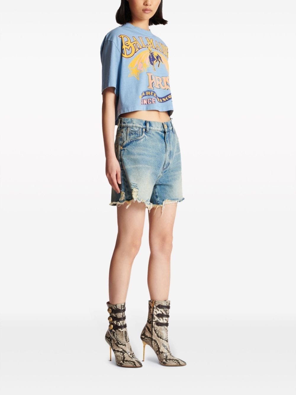 mid-rise frayed denim shorts - 3