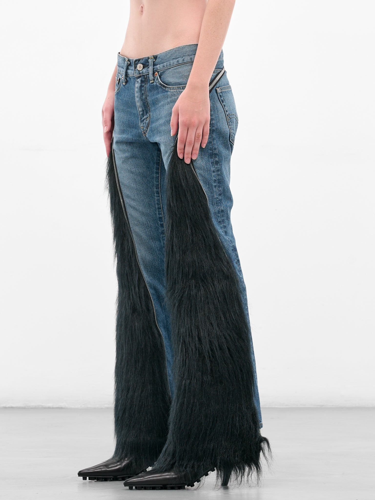 Denim & Fur Paneled Flare Jeans - 2
