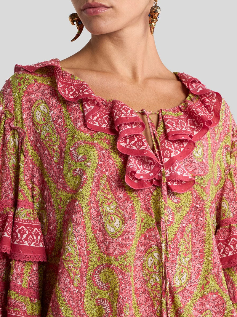 MINI DRESS IN COTTON DOTTED SWISS WITH RUFFLES AND PAISLEY FOLIAGE MOTIF 2