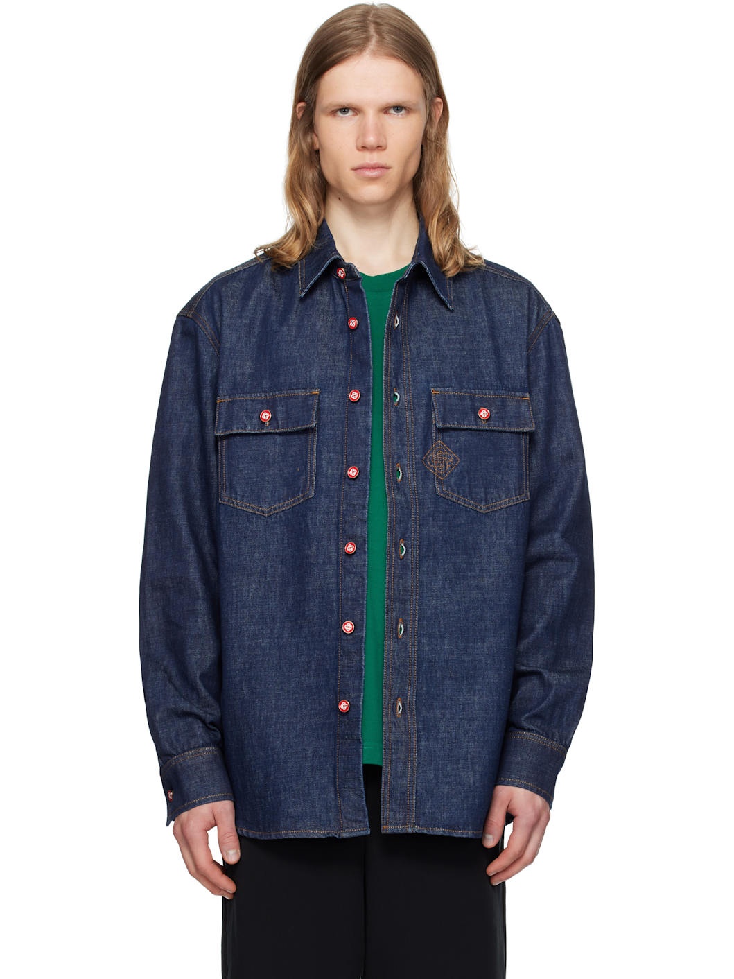 Navy Logo Embroidery Denim Shirt - 1