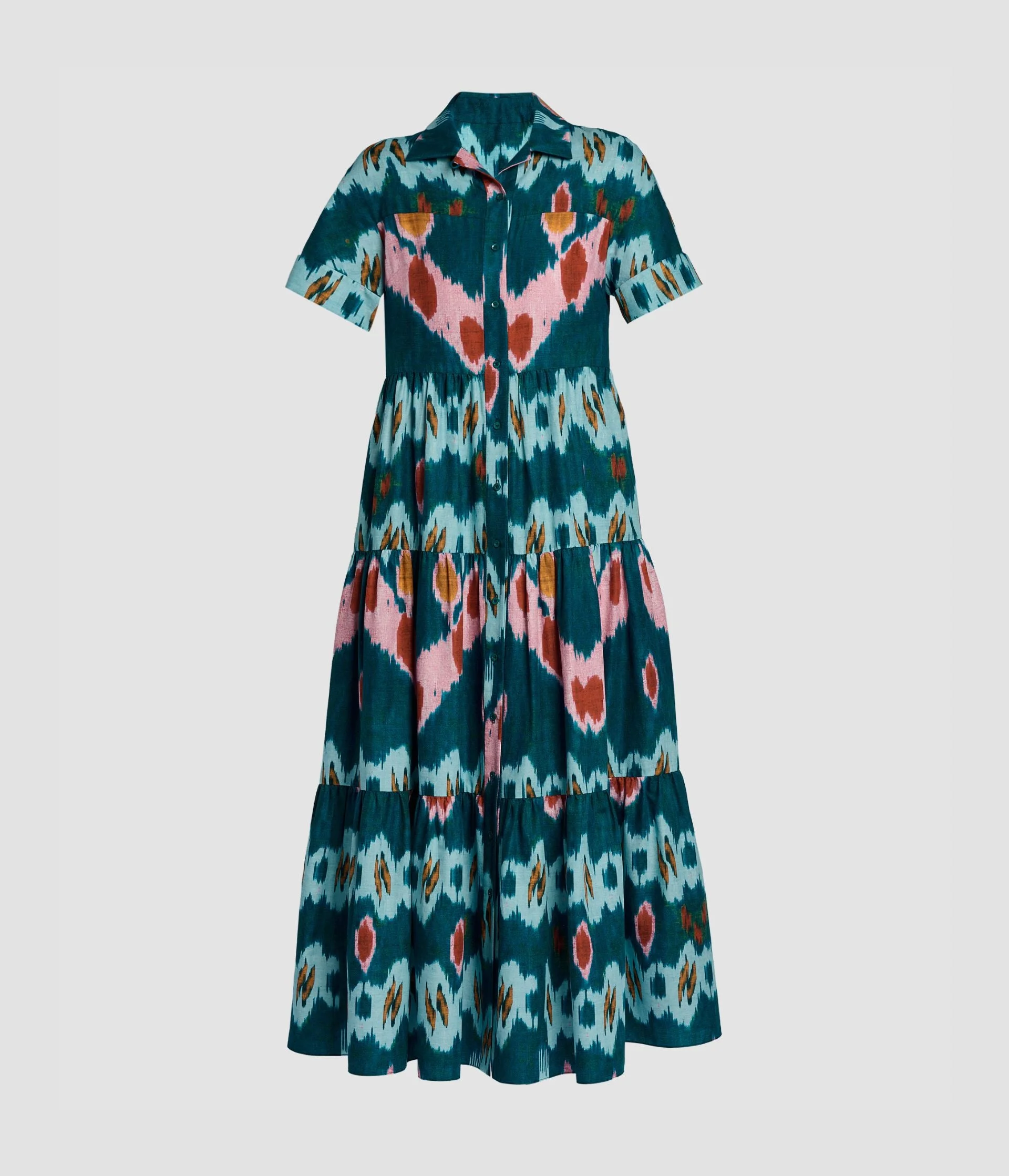 IKAT PRINT COTTON TIERED MIDI SHIRT DRESS - 1