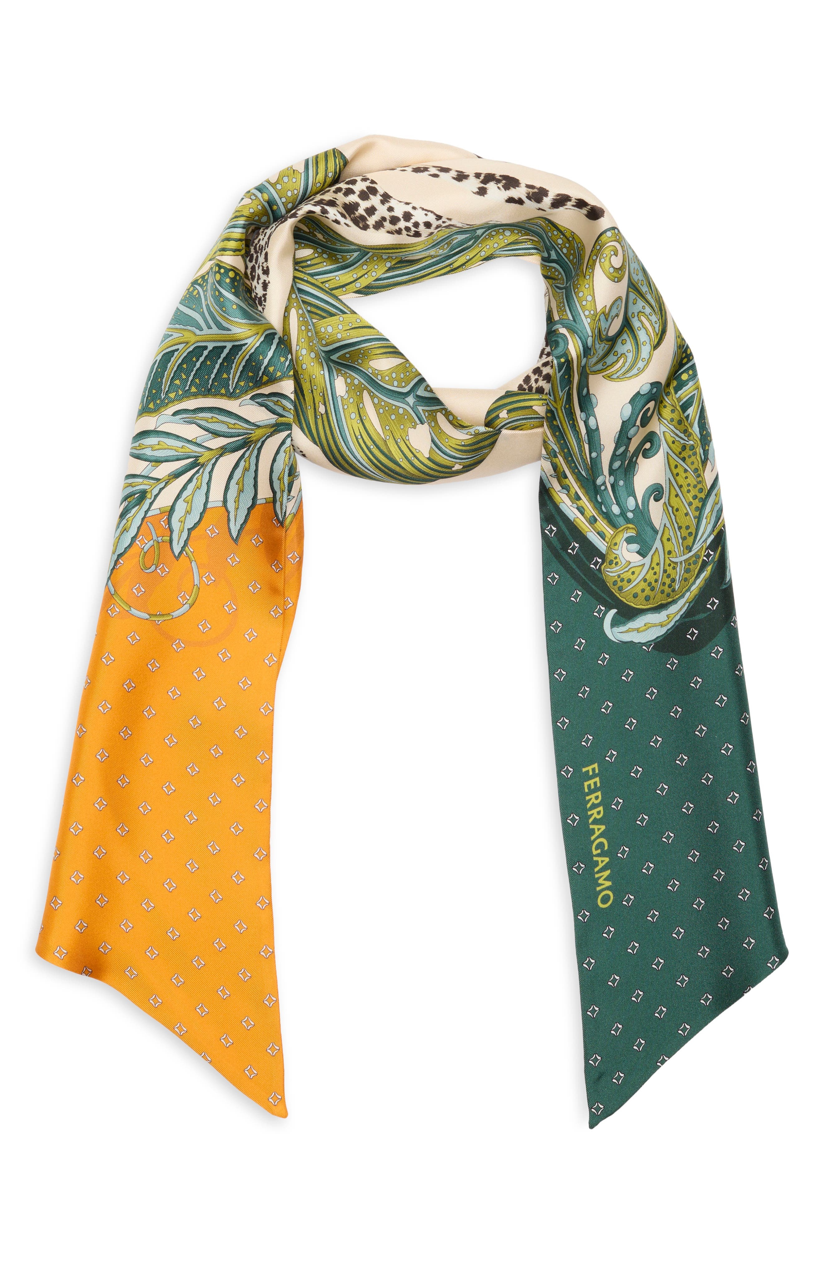 FERRAGAMO Madras 2 Silk Twill Skinny Scarf in Verde Oro at Nordstrom - 3