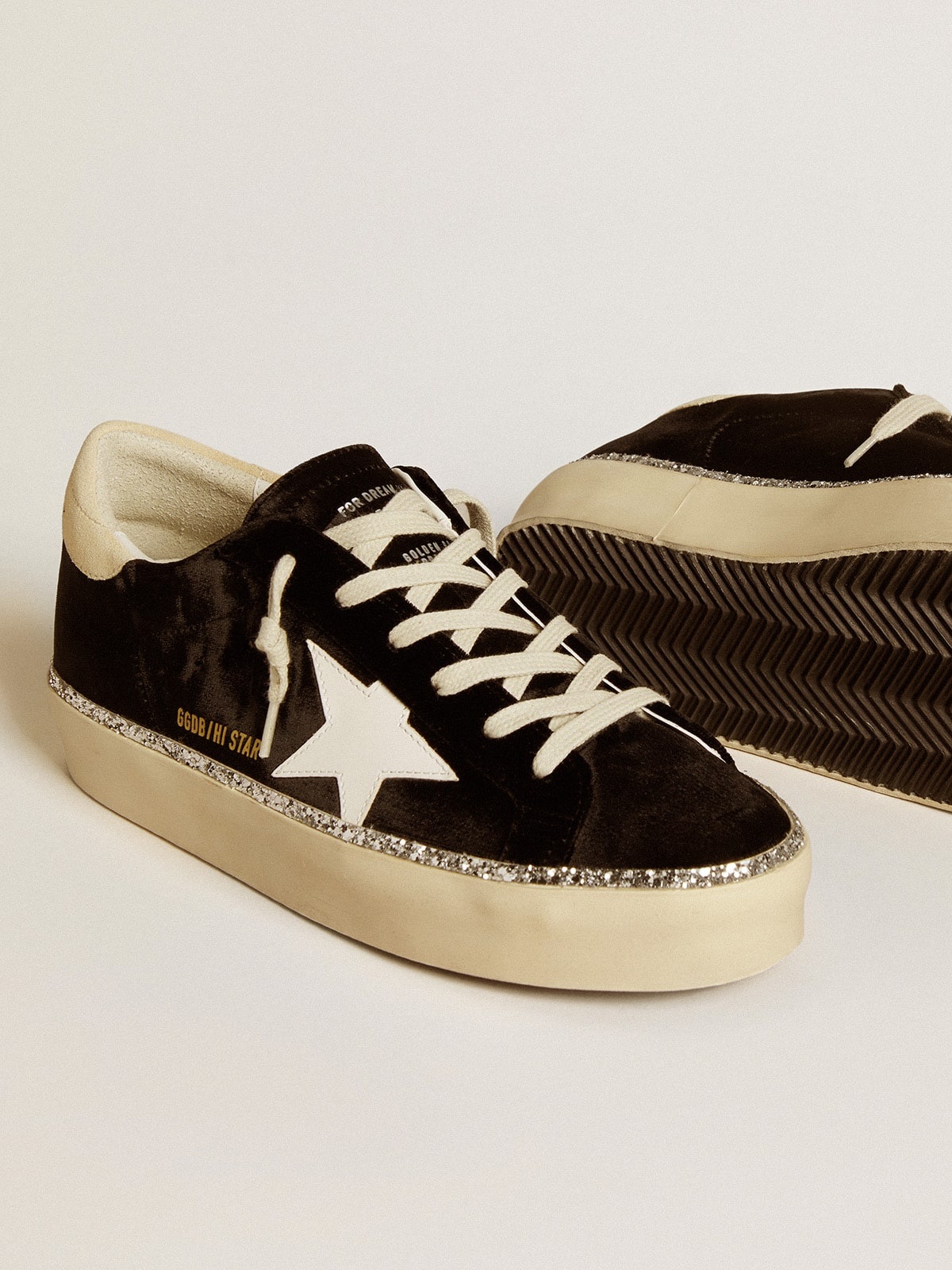 Golden Goose Hi Star in black velvet with white leather star