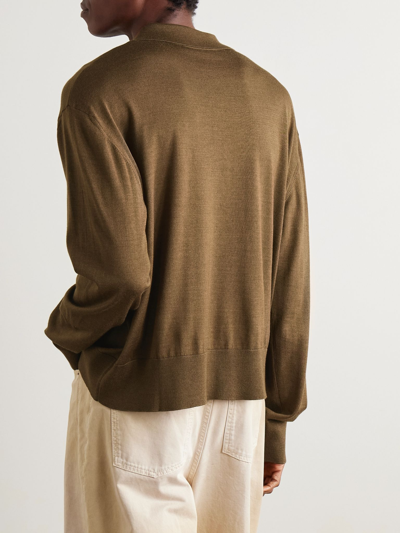 Logo-Embroidered Virgin Wool and Silk-Blend Polo Shirt Brown - 3