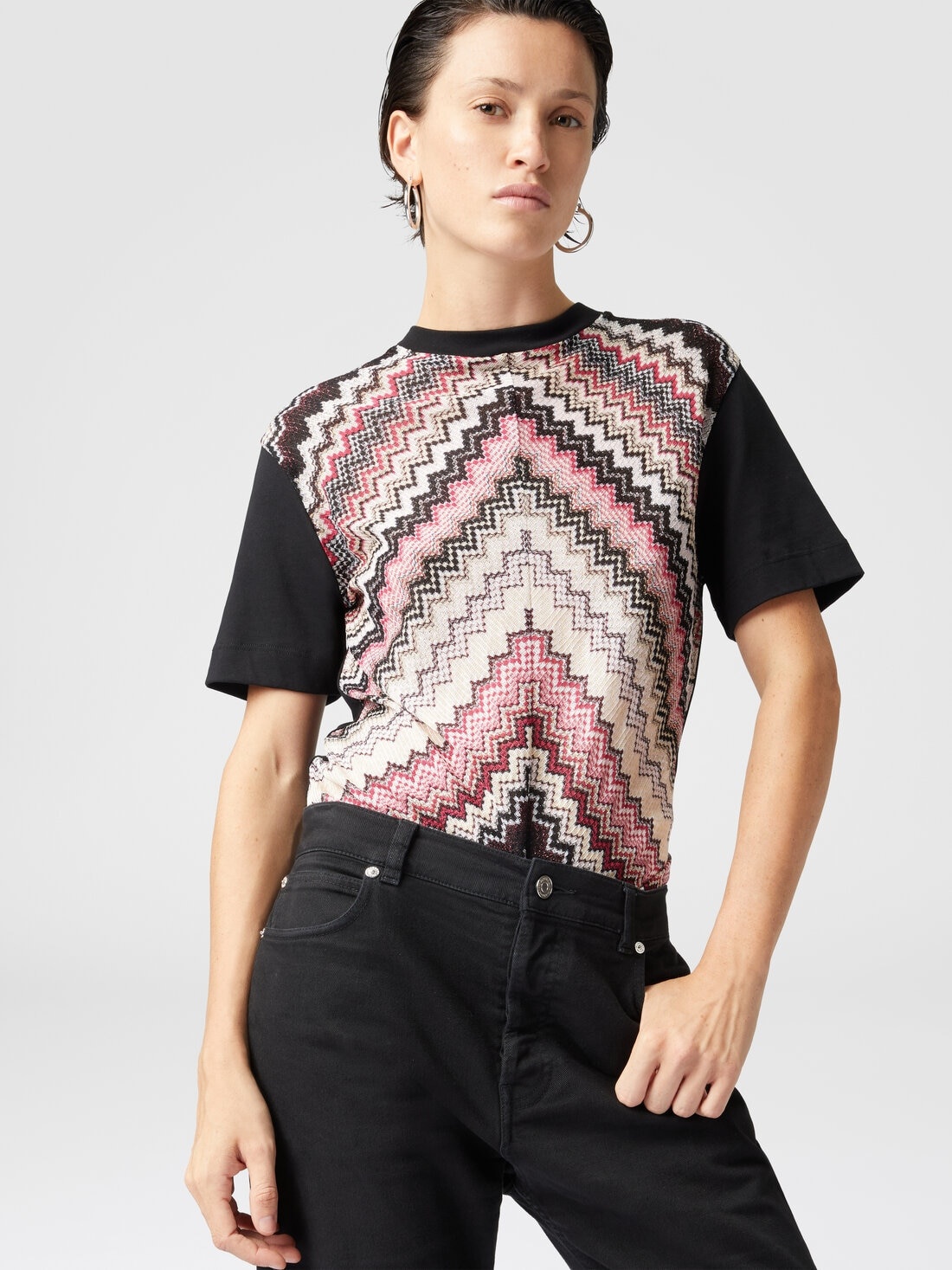 Crewneck T-shirt with lamé zig zag knit insert - 4