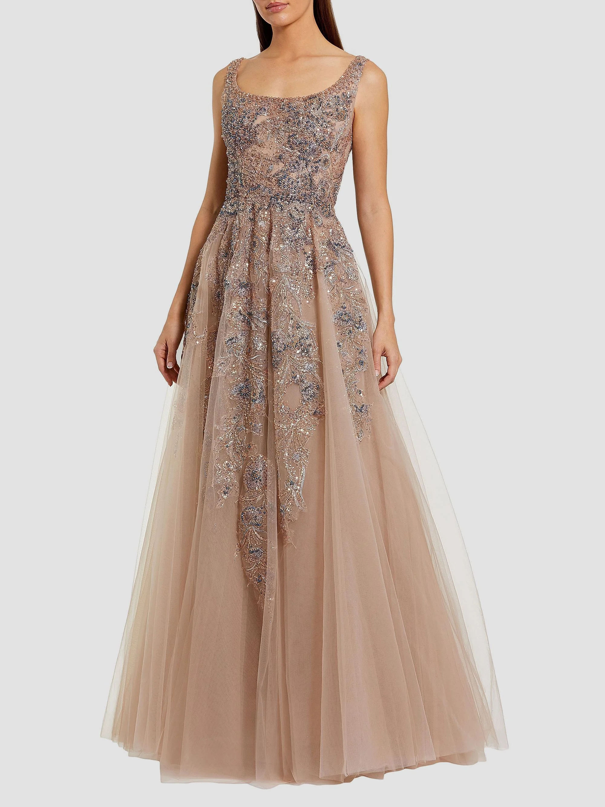Women's Embellished Fit & Flare Tulle Gown - Mocha - 1