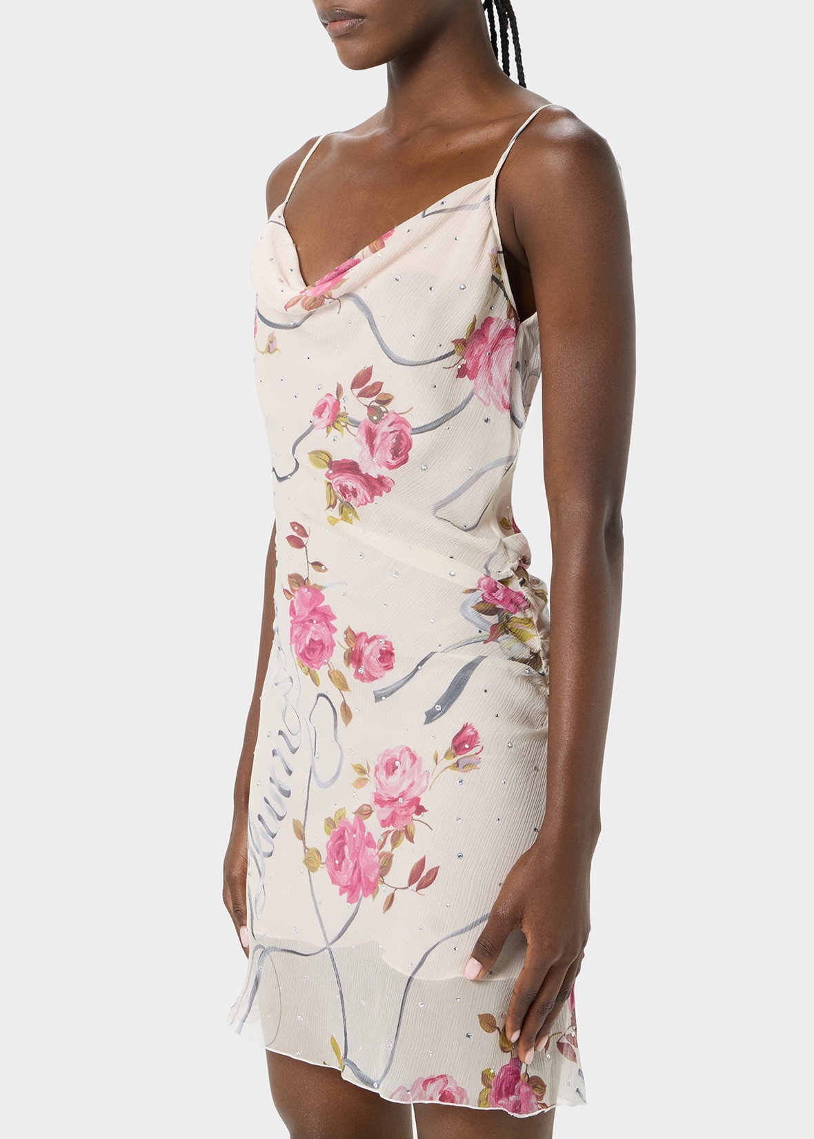 MINI DRESS IN PRINTED CREPONNE WITH RHINESTONE DECORATIONS - 5