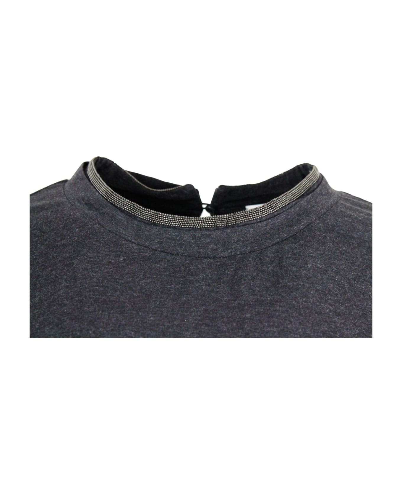 Short-sleeved T-shirt In Elasticized Stretch Cotton With A Crew Neck Edged With Jewels - 4