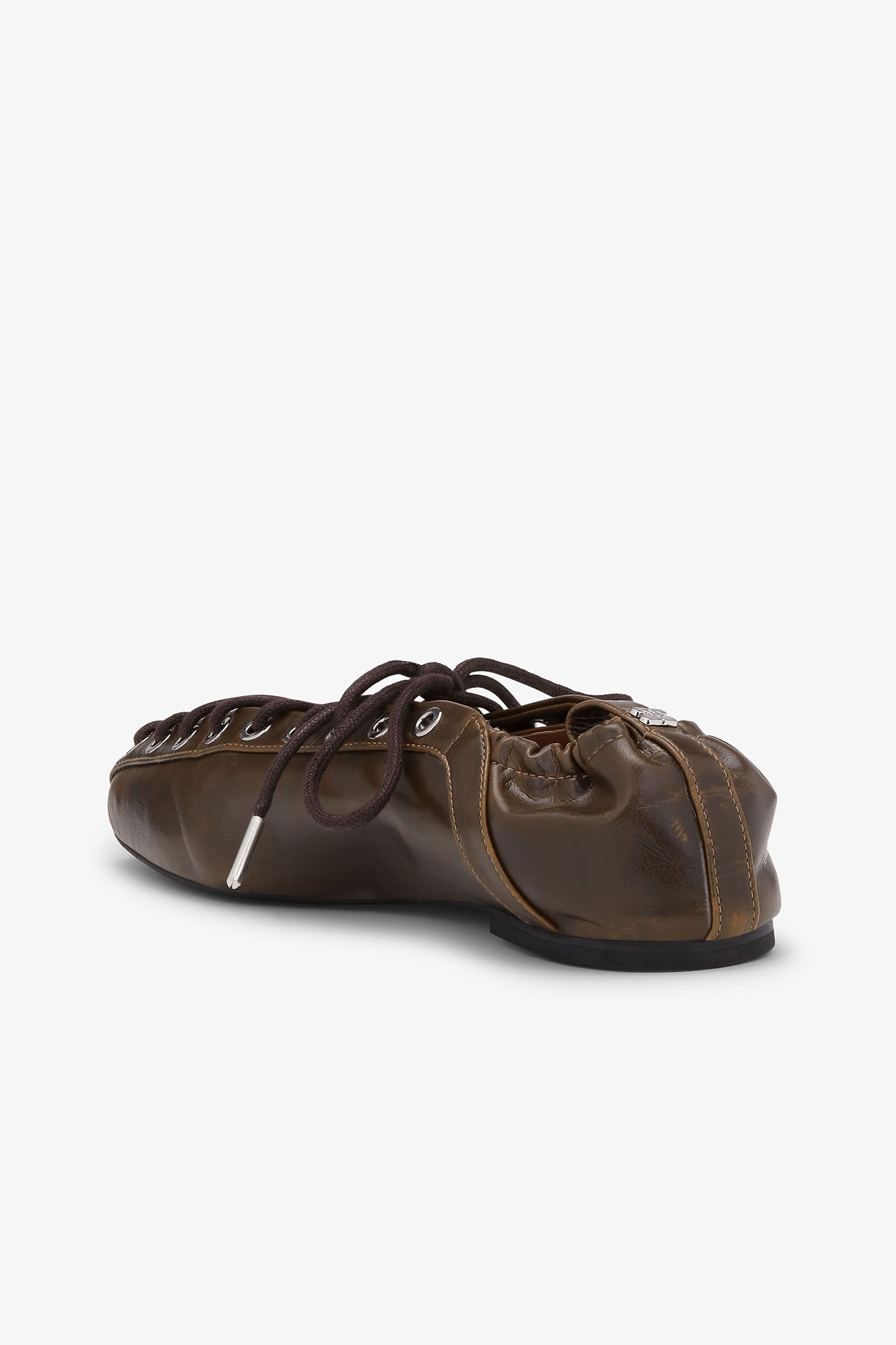 DARK-OLIVE OLEATEX EYELETS LACE UP BALLERINAS - 3