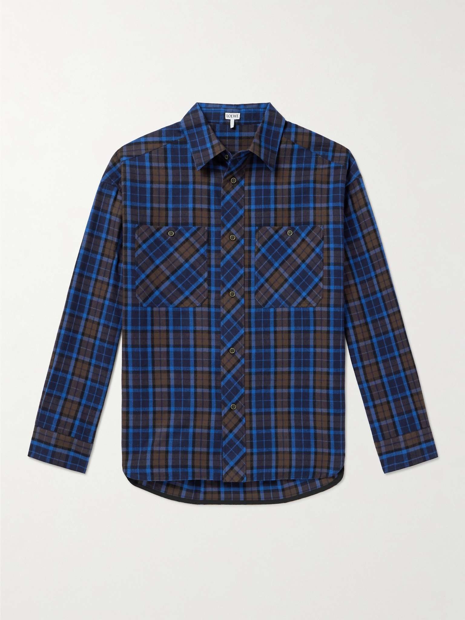 Leather-Trimmed Checked Cotton-Flannel Shirt - 1