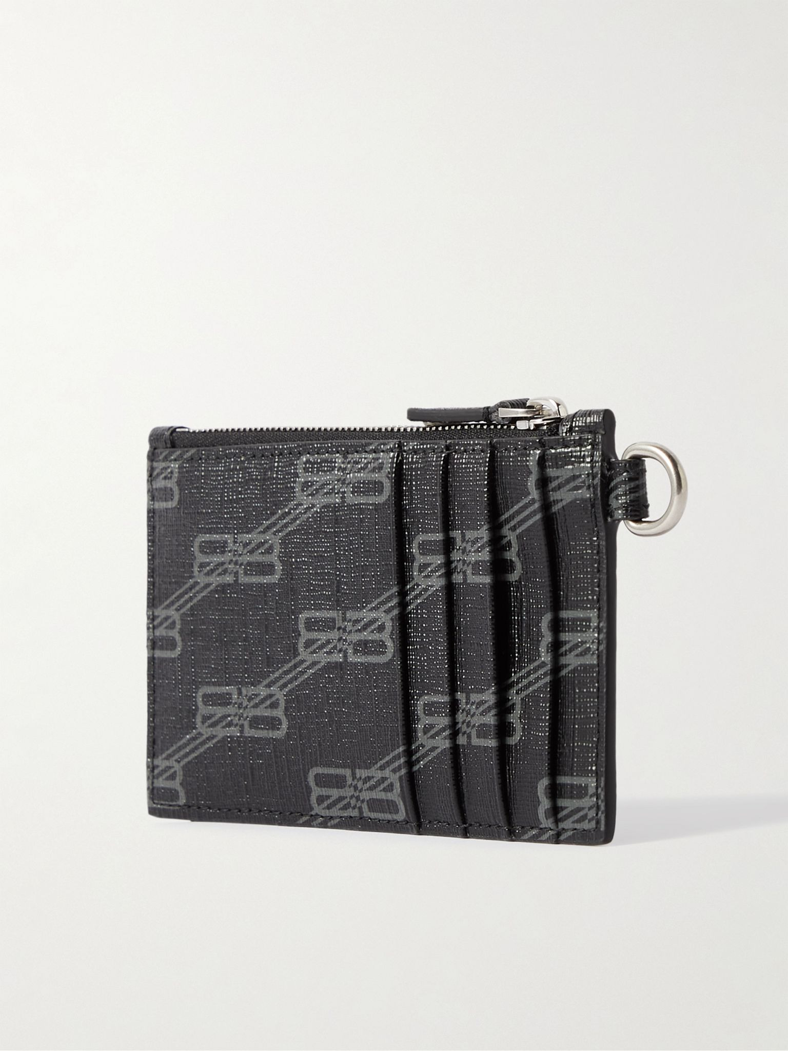 Logo-Print Cross-Grain Leather Cardholder with Lanyard Gray - 2