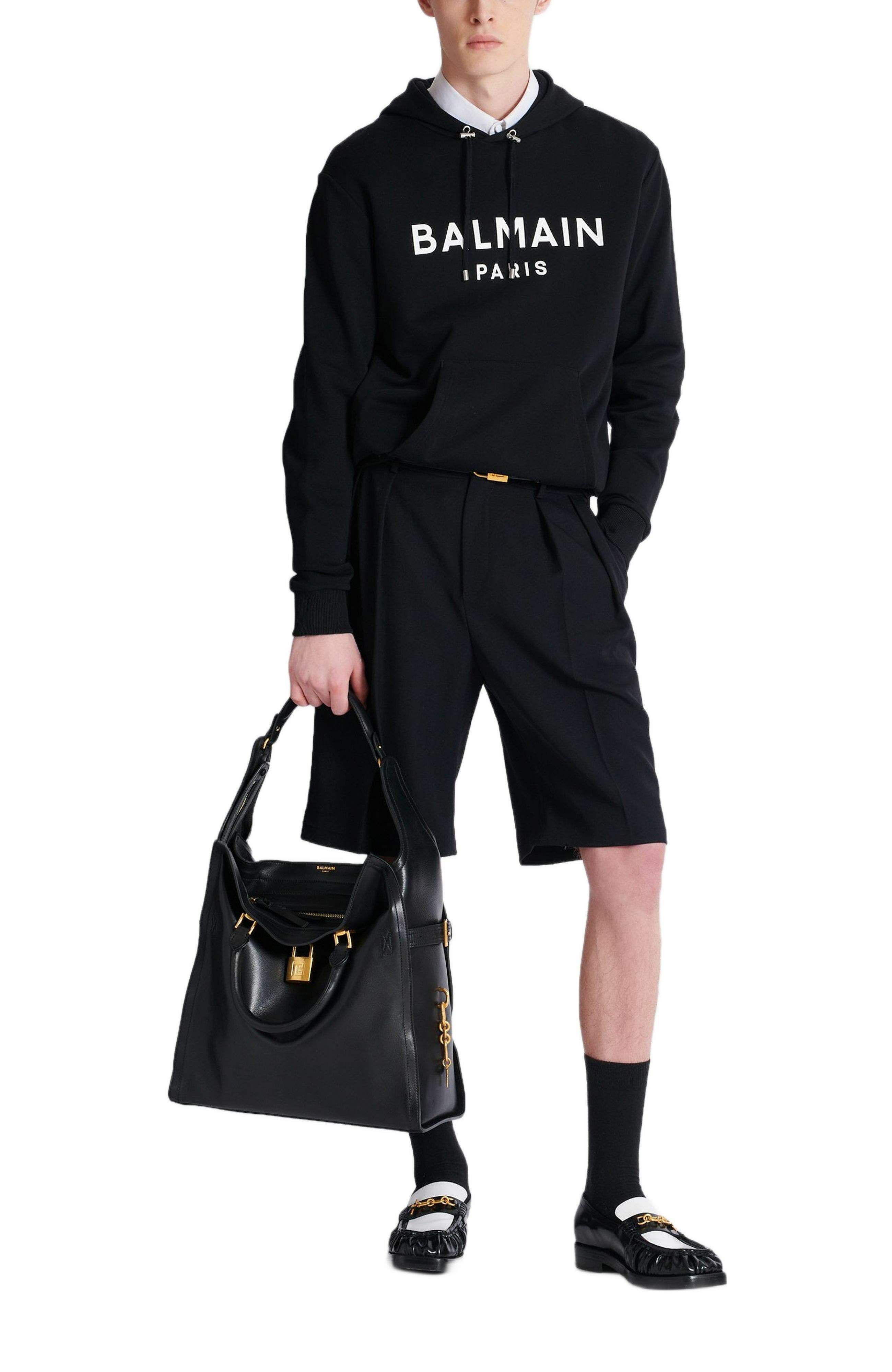 Balmain Logo Organic Cotton Graphic Hoodie in Black/White at Nordstrom - 2