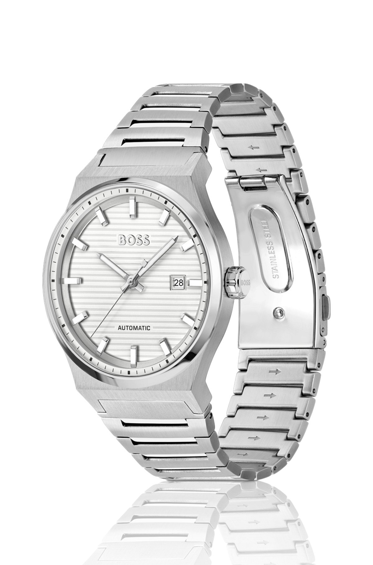 SILVER-TONE AUTOMATIC WATCH WITH WHITE GROOVED DIAL - 2