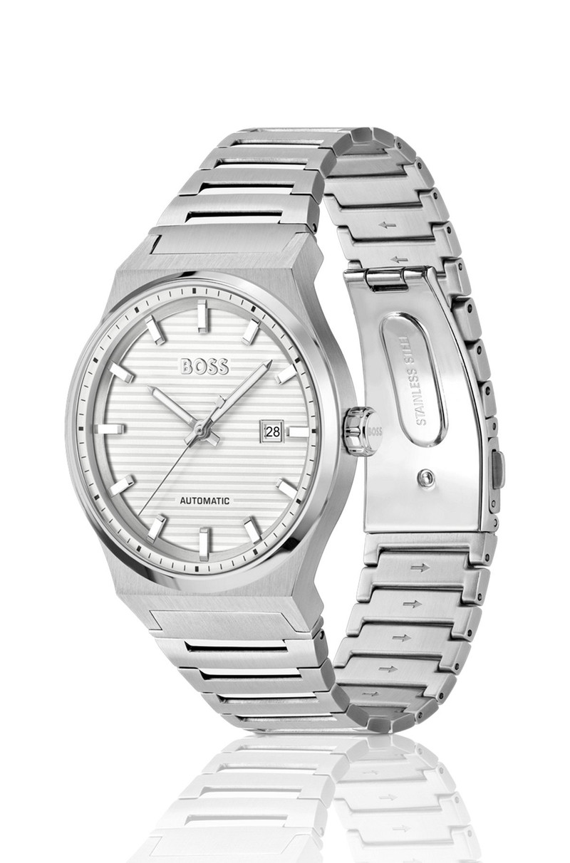 BOSS SILVER-TONE AUTOMATIC WATCH WITH WHITE GROOVED DIAL outlook