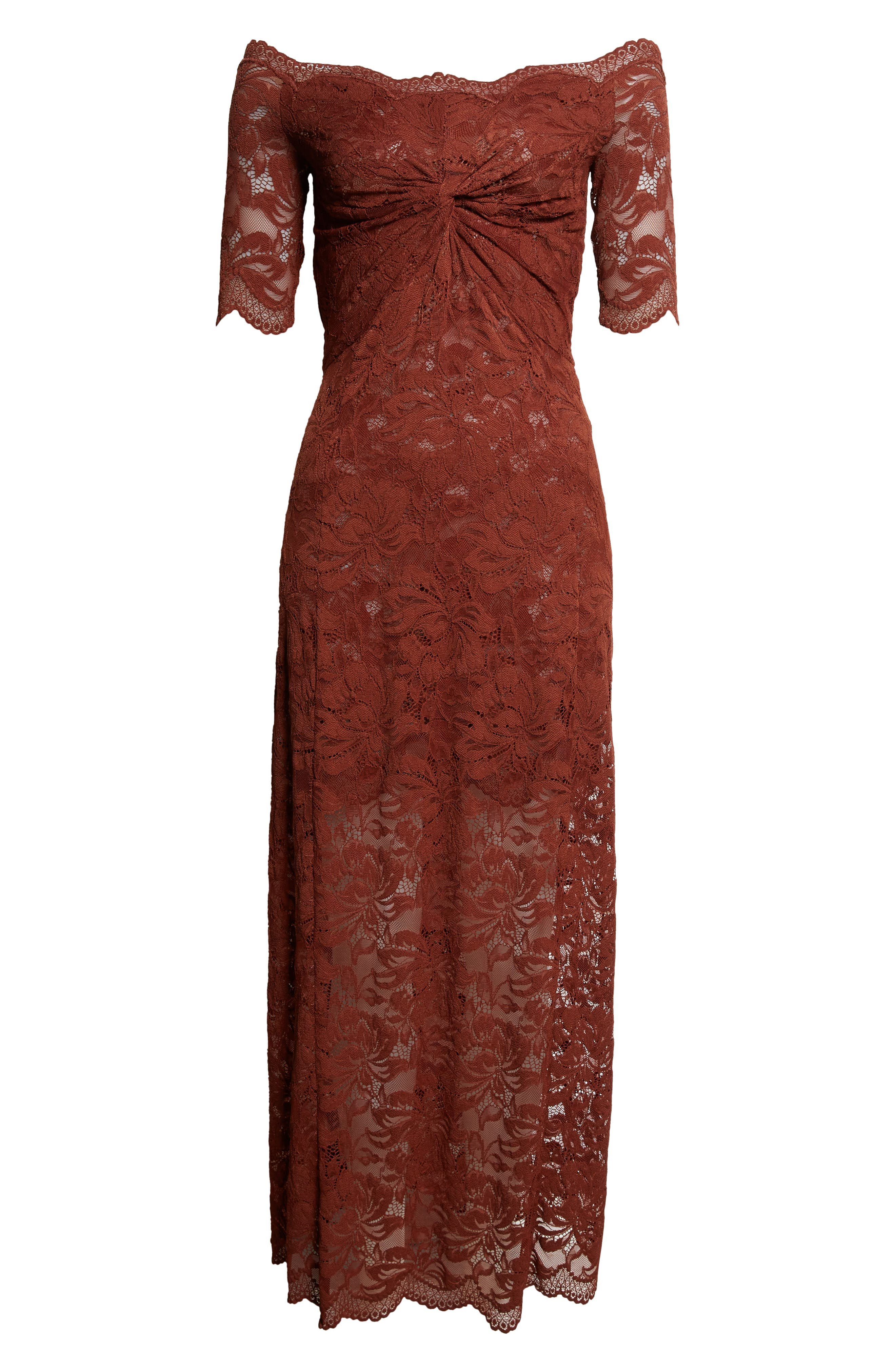 Rabanne Twist Front Off the Shoulder Lace Midi Dress in Cinamon Brown at Nordstrom - 1