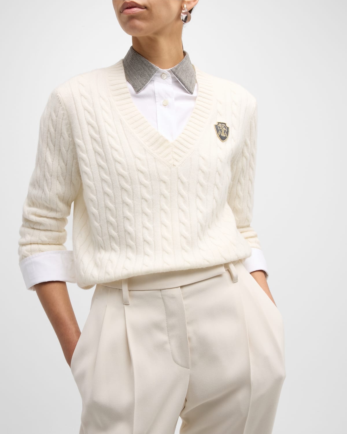 Cashmere Cable-Knit Sweater with Crest Embroidery - 8