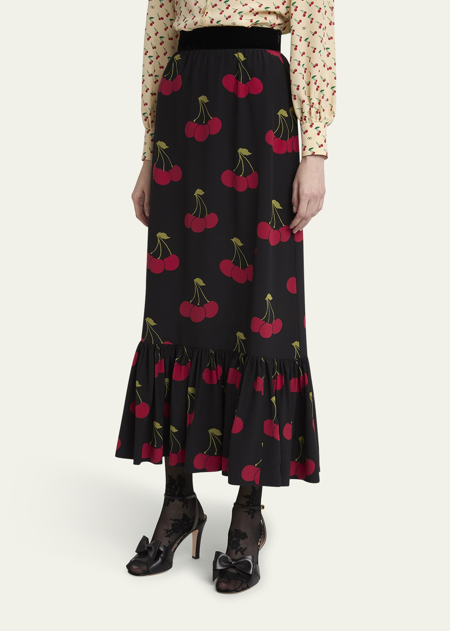Cherry Print Flounce Silk Maxi Skirt - 4