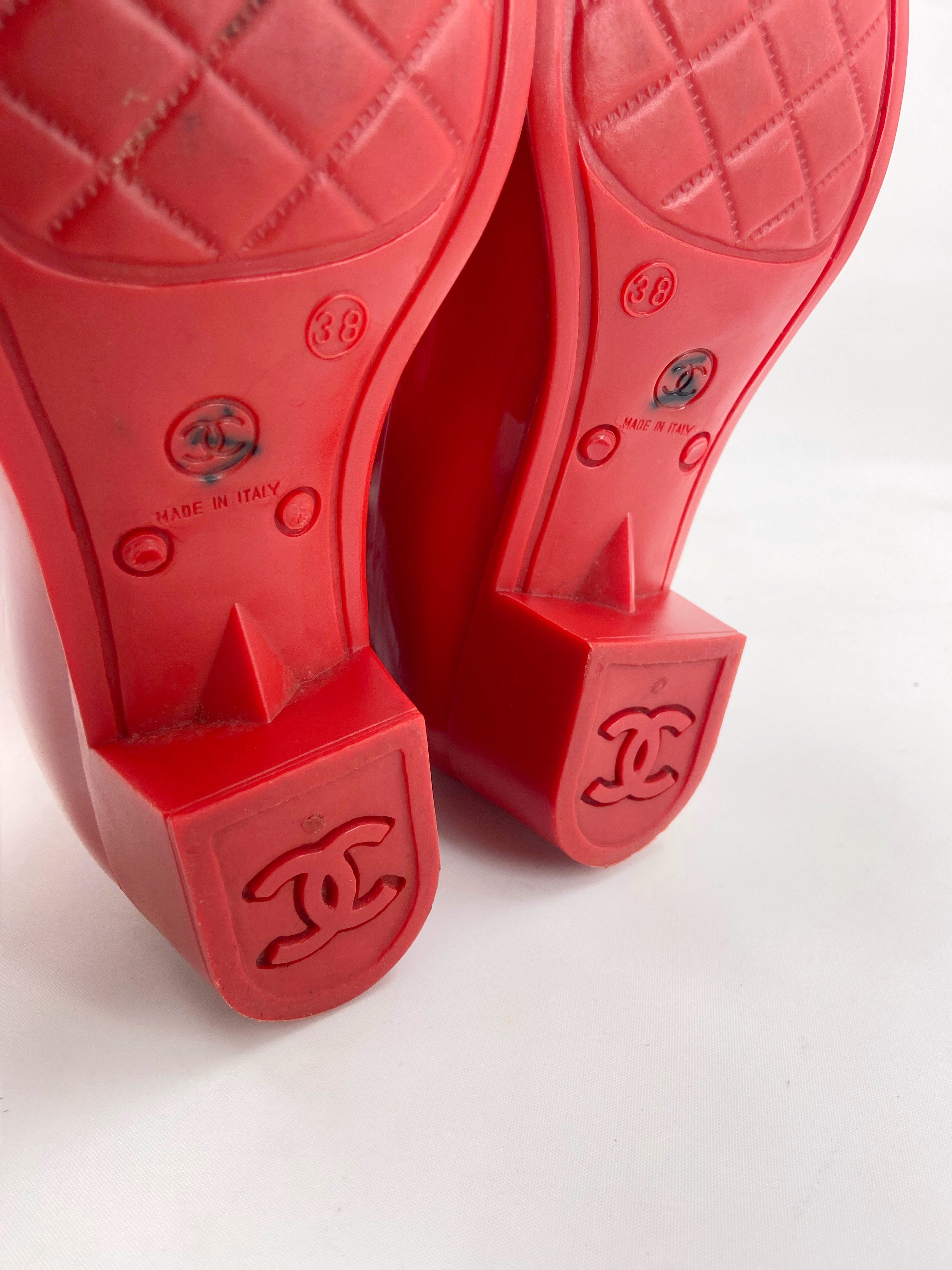 Chanel Karl Lagerfeld Red Camellia Rubber Rainboot - 10