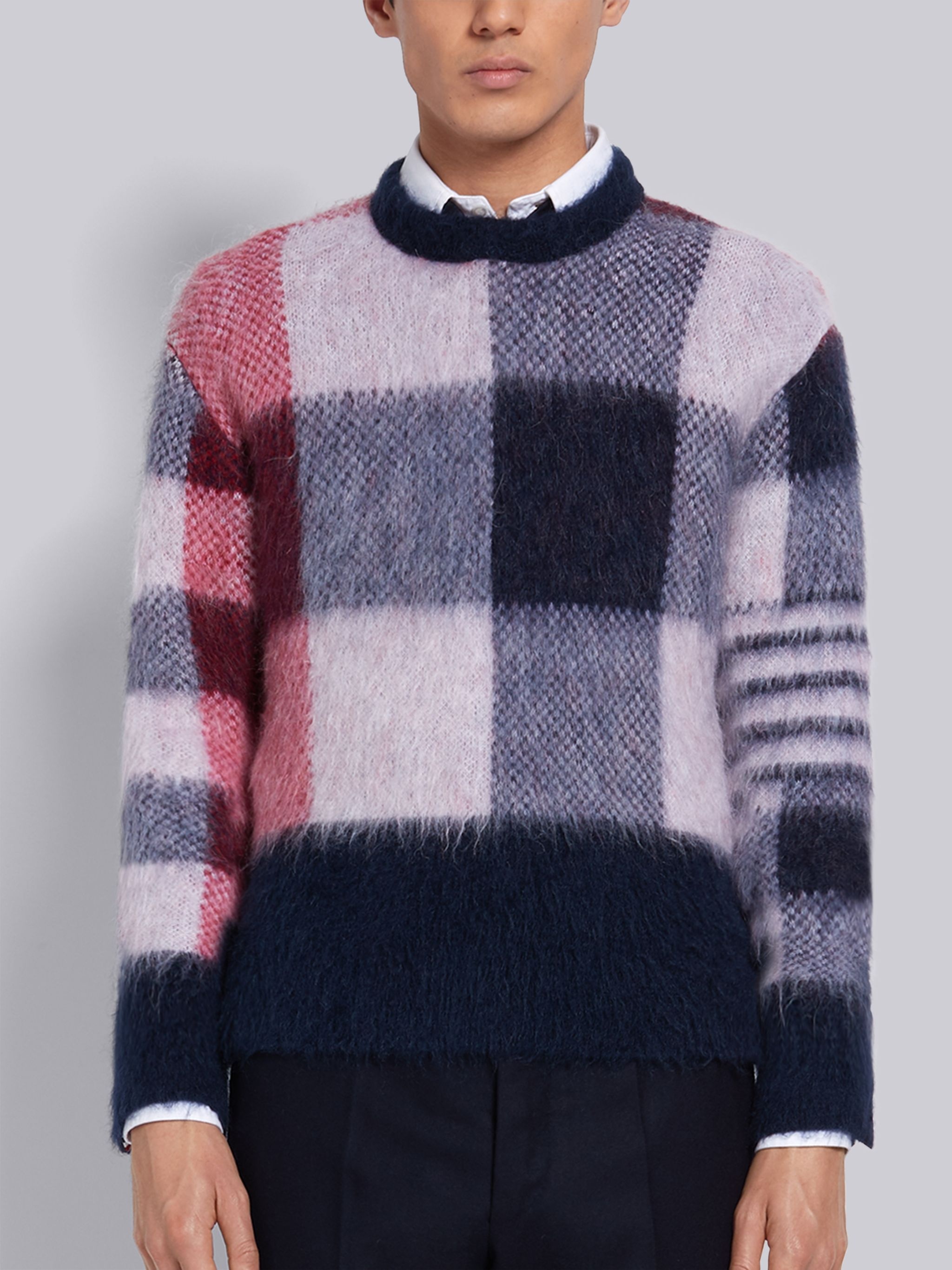 Tricolor Buffalo Check Funmix Super Kid Mohair Crew Neck 4-Bar Pullover - 1