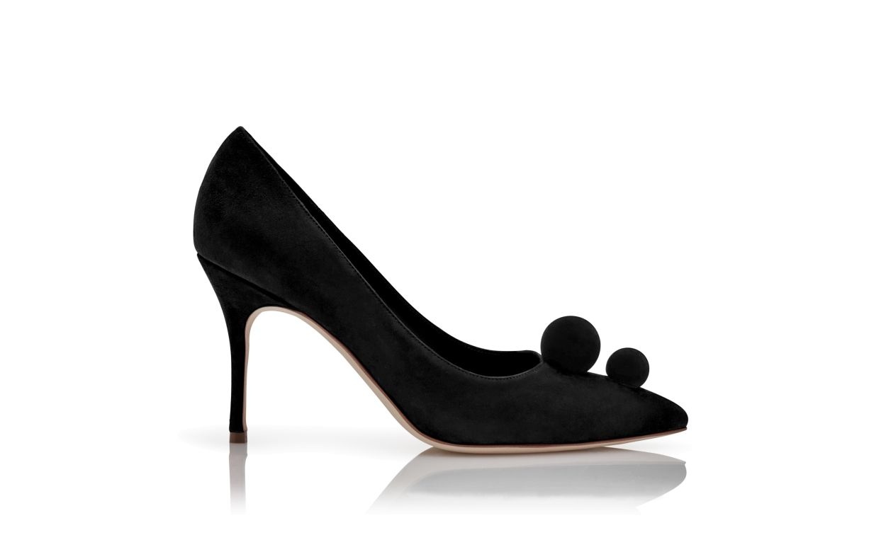 Black Suede Pom Pom Detail Pumps - 1