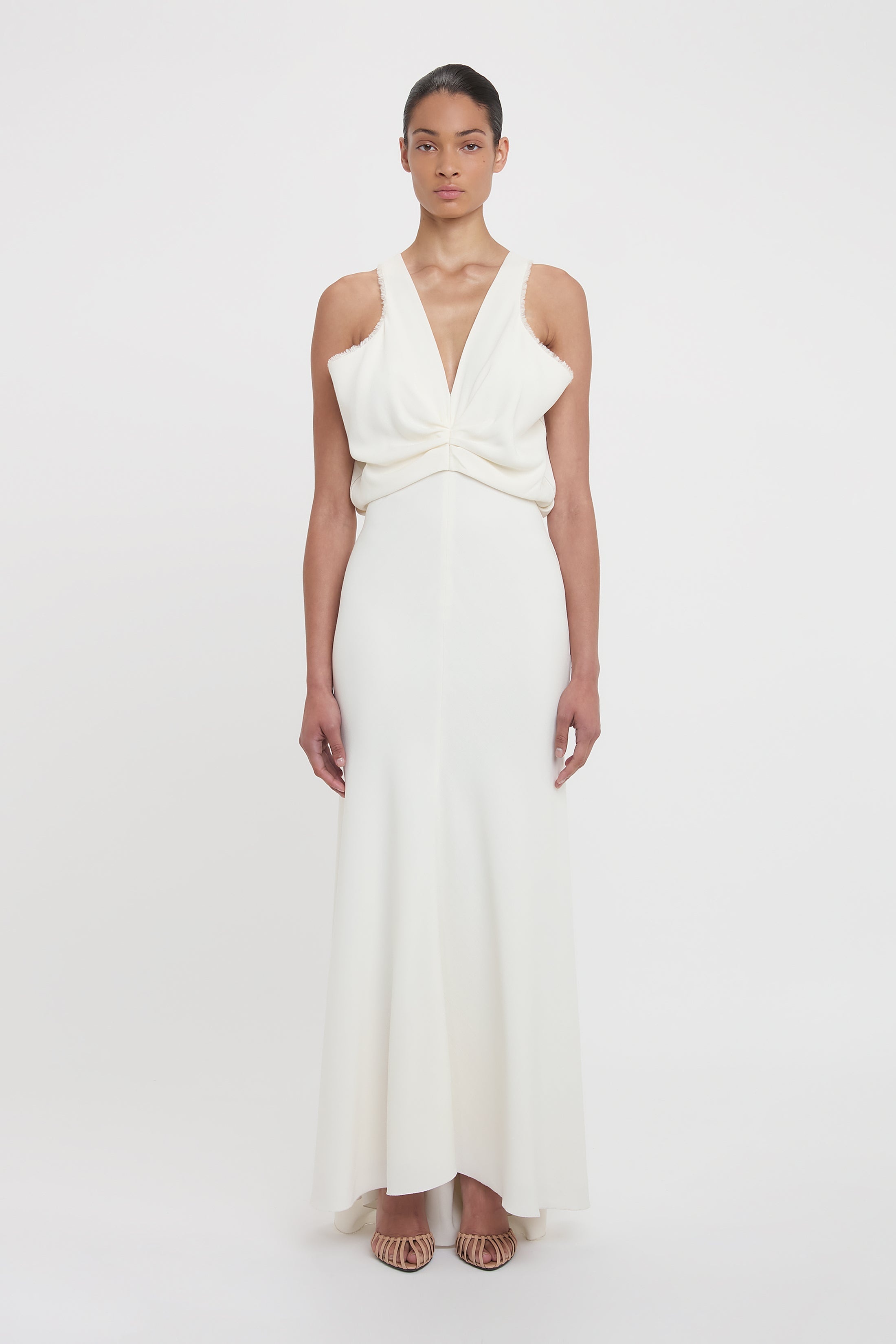 Draped Armhole Detail V-Neck Gown In Ivory - 2