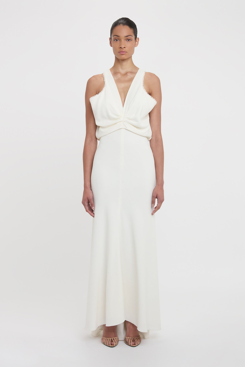 Victoria Beckham Draped Armhole Detail V-Neck Gown In Ivory outlook