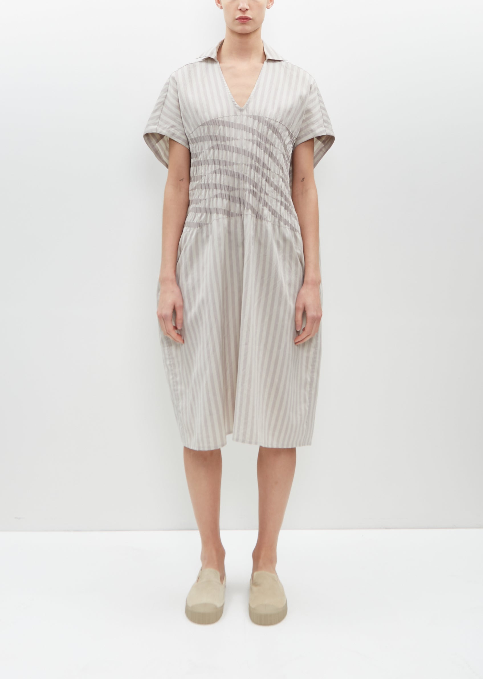 Pleated Embroidery Kaftan — Bone Stripe - 1