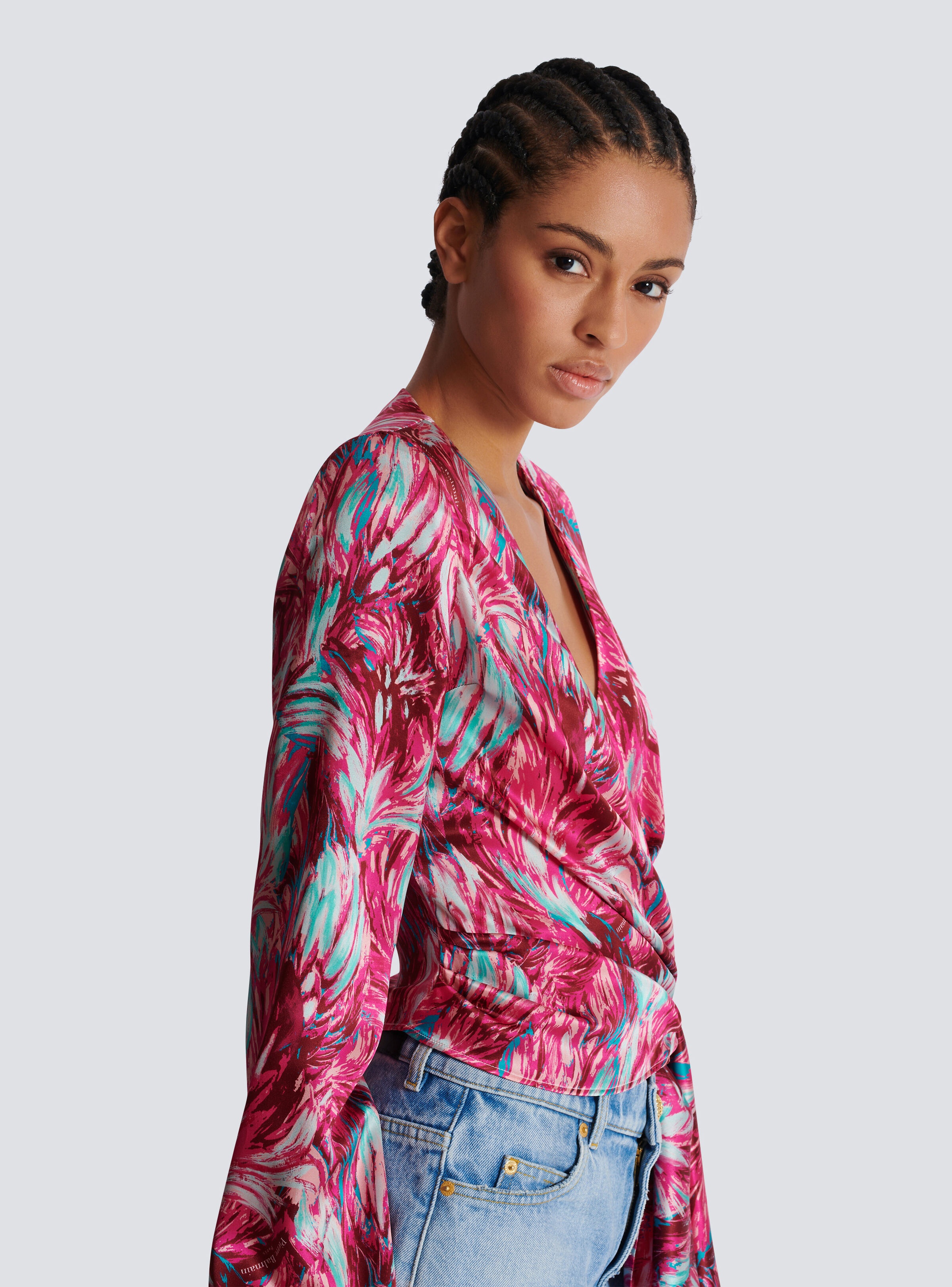 Feather print satin wrap blouse - 7