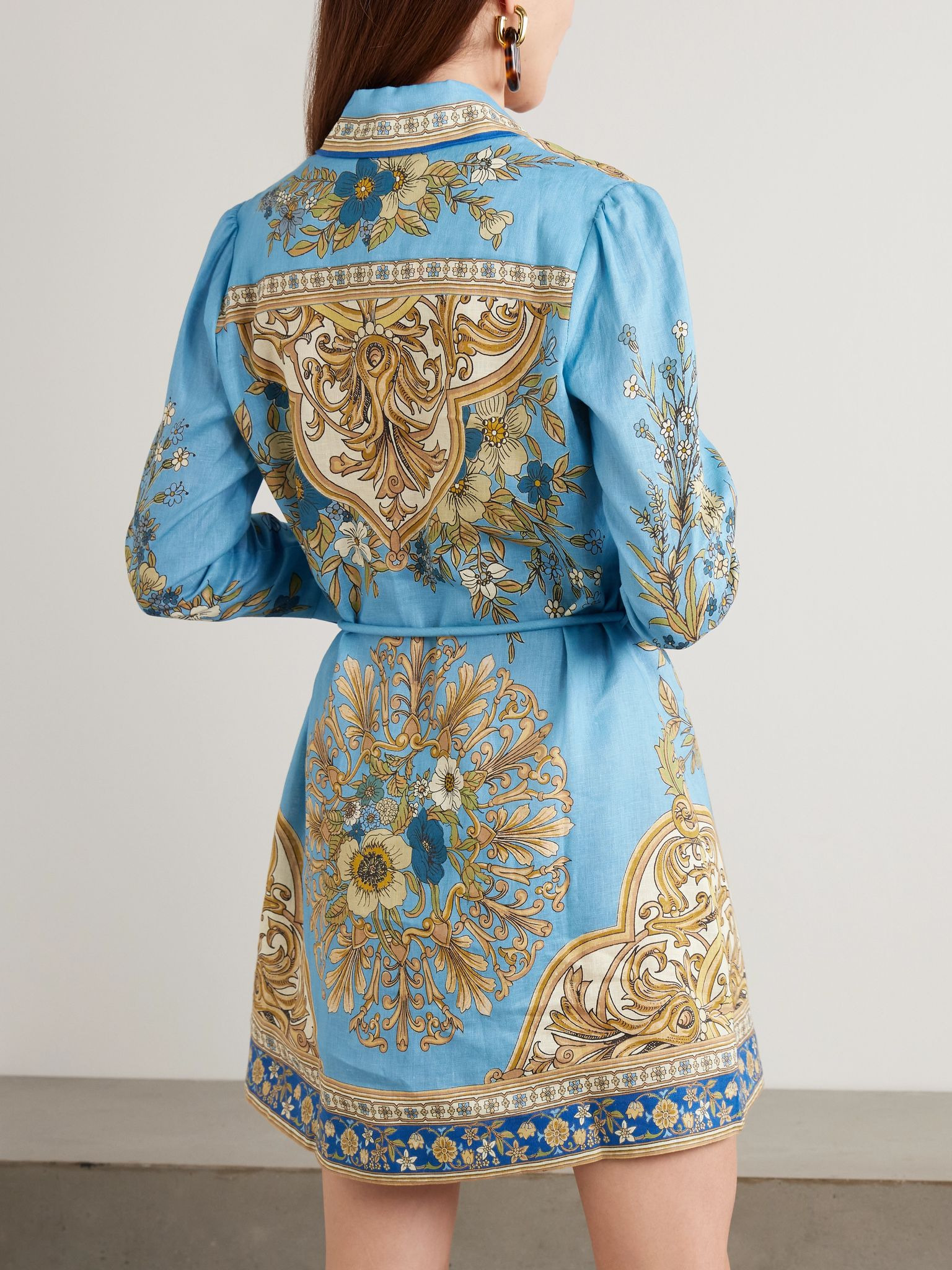 Cassie belted printed linen mini dress Blue - 3