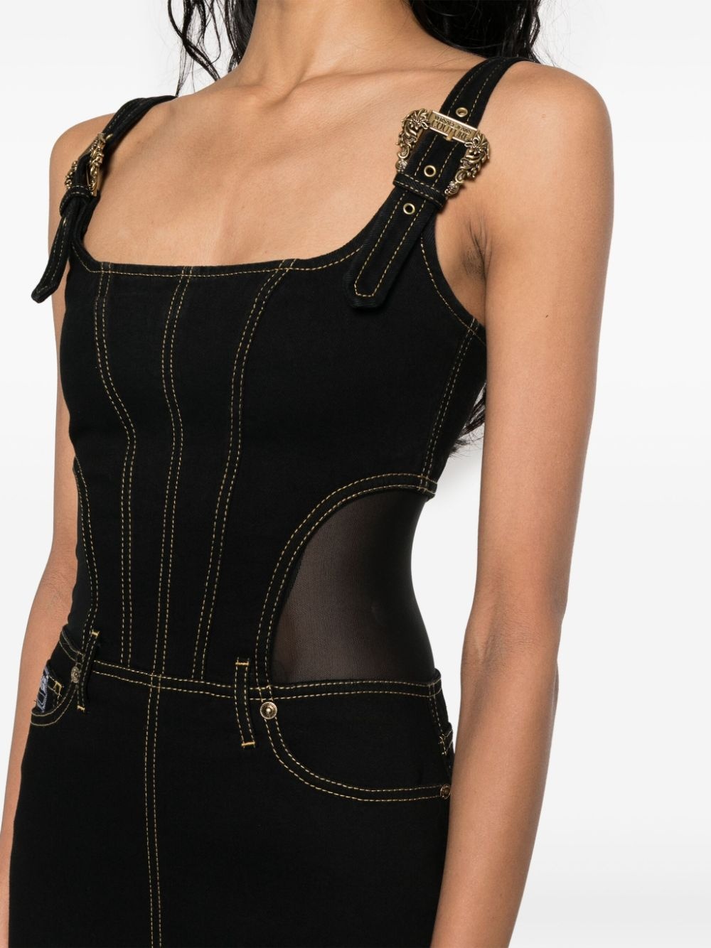 contrast-stitching denim dress - 5