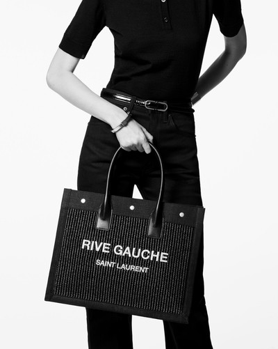 SAINT LAURENT rive gauche small tote bag in raffia and leather outlook