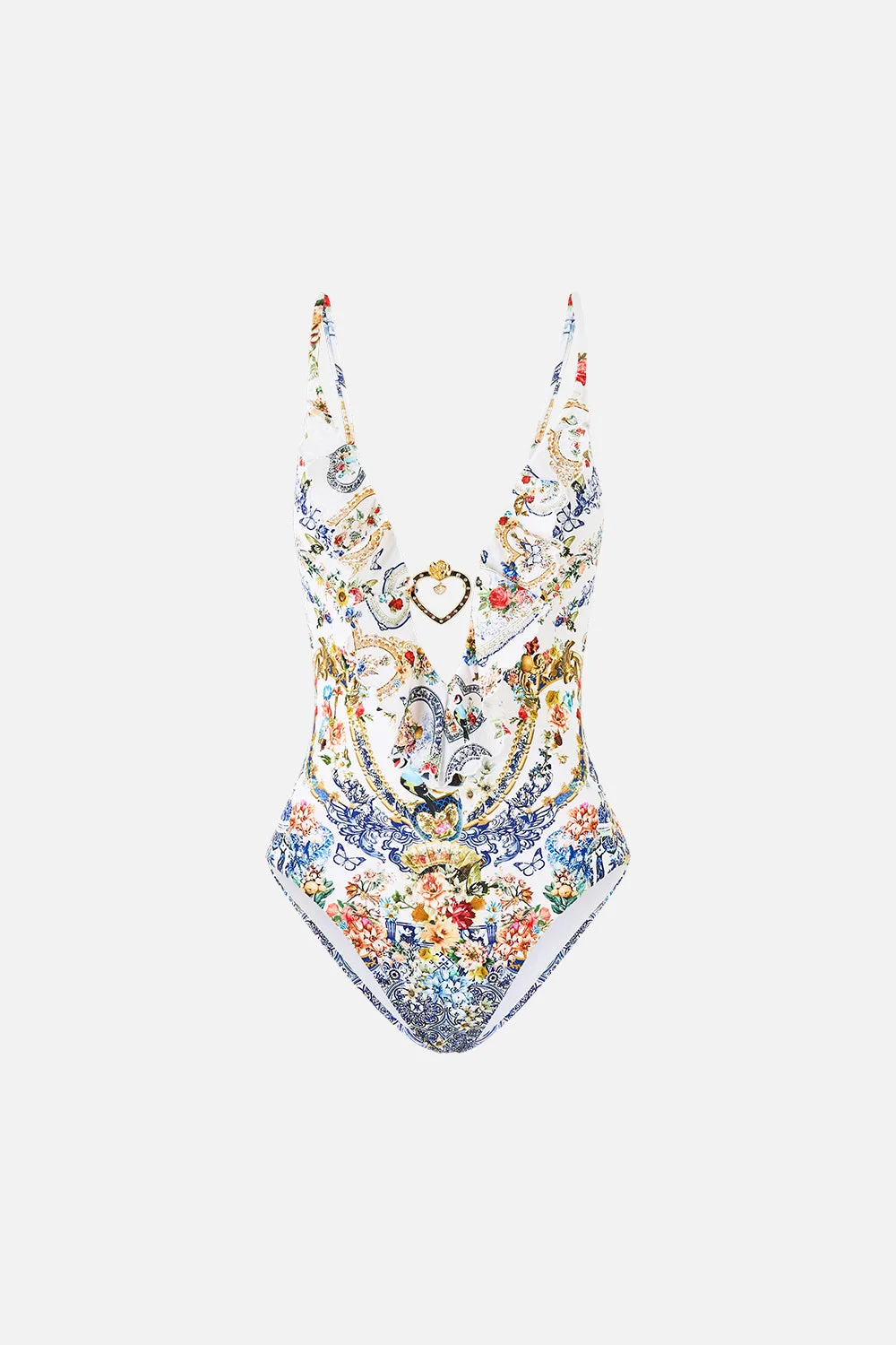 PLUNGE V NECK ONE PIECE WITH FRILL AND TRIM - 1